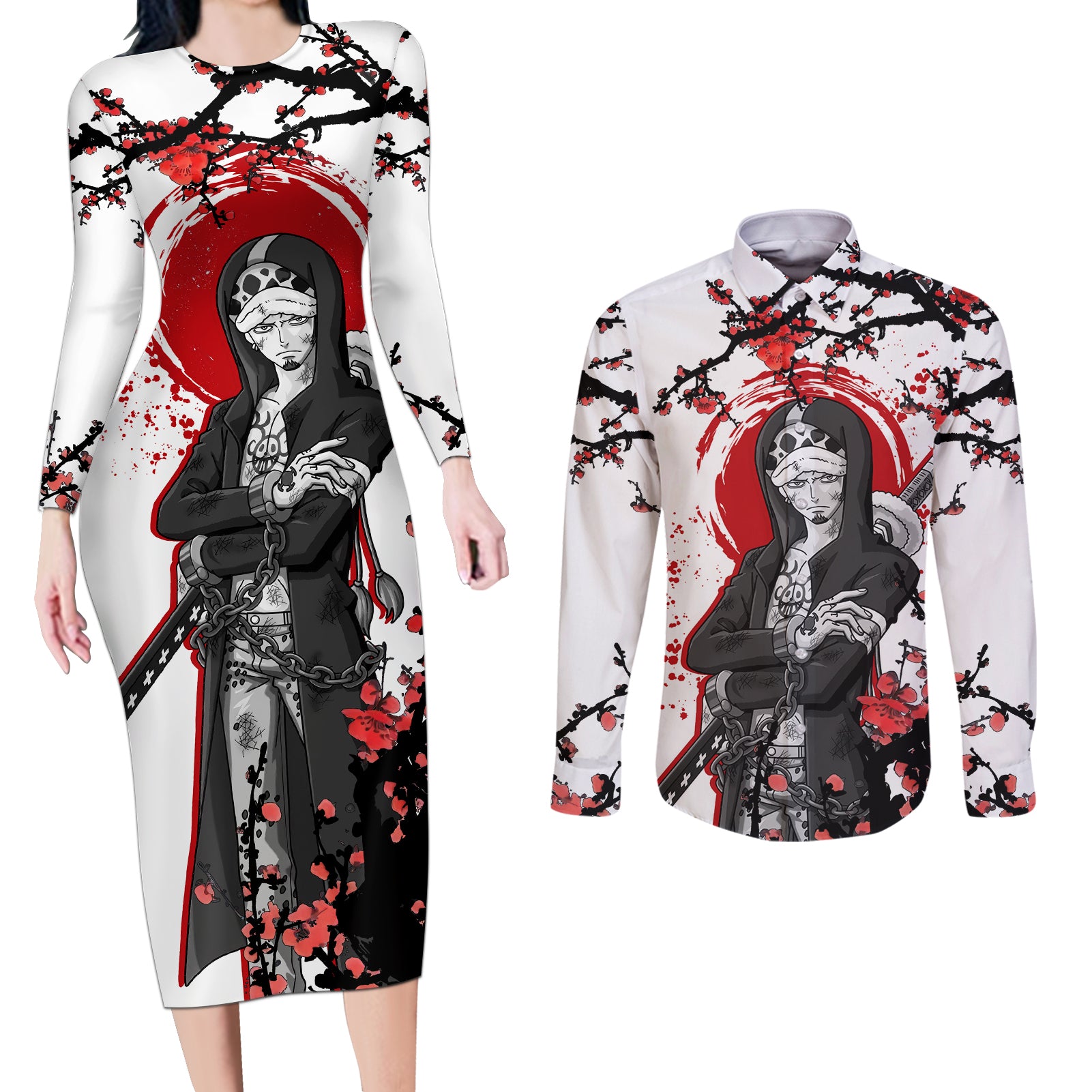 Trafalgar D Law - Japan Style Anime Couples Matching Long Sleeve Bodycon Dress and Long Sleeve Button Shirt