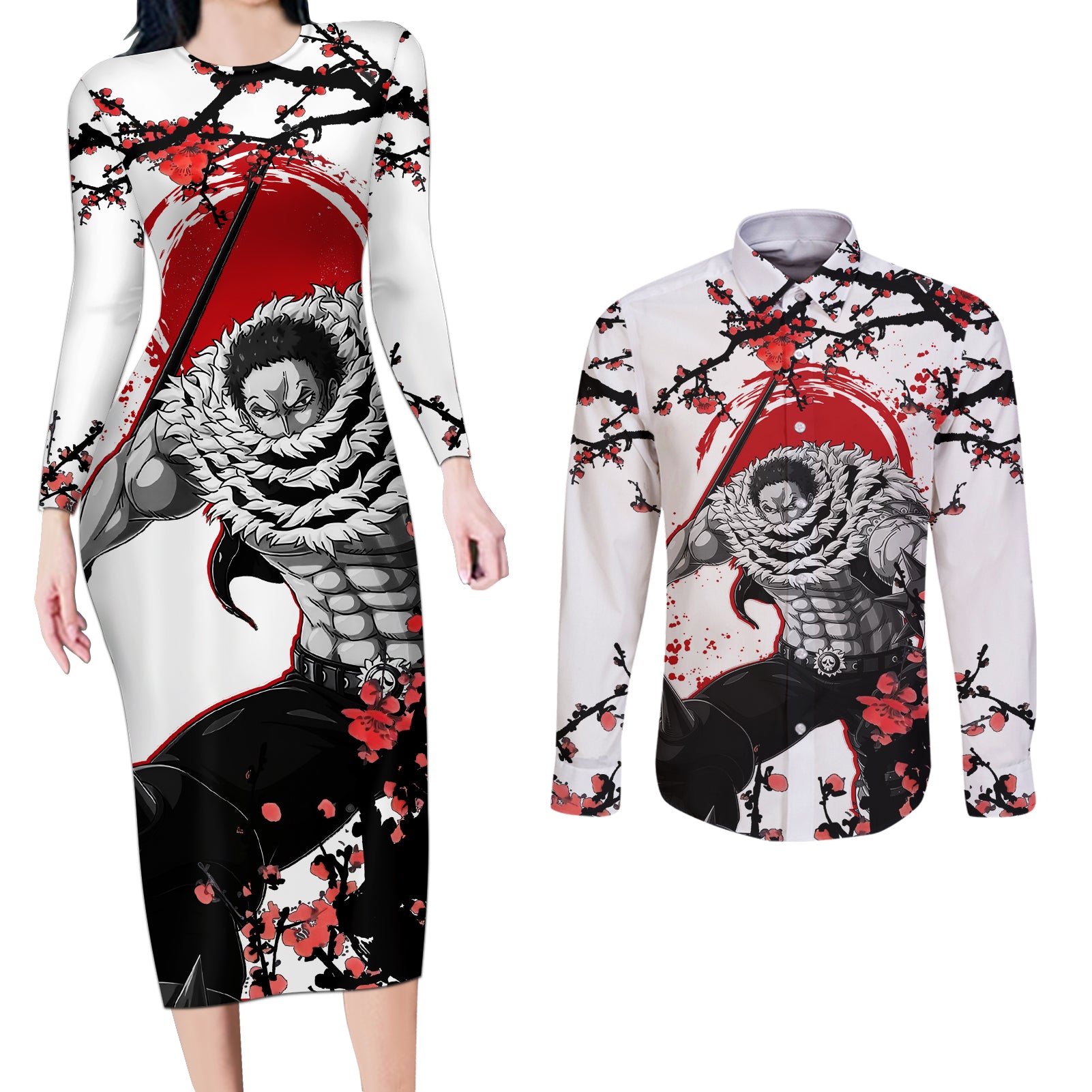 Charlotte Katakuri - Japan Style One Piece Anime Couples Matching Long Sleeve Bodycon Dress and Long Sleeve Button Shirt