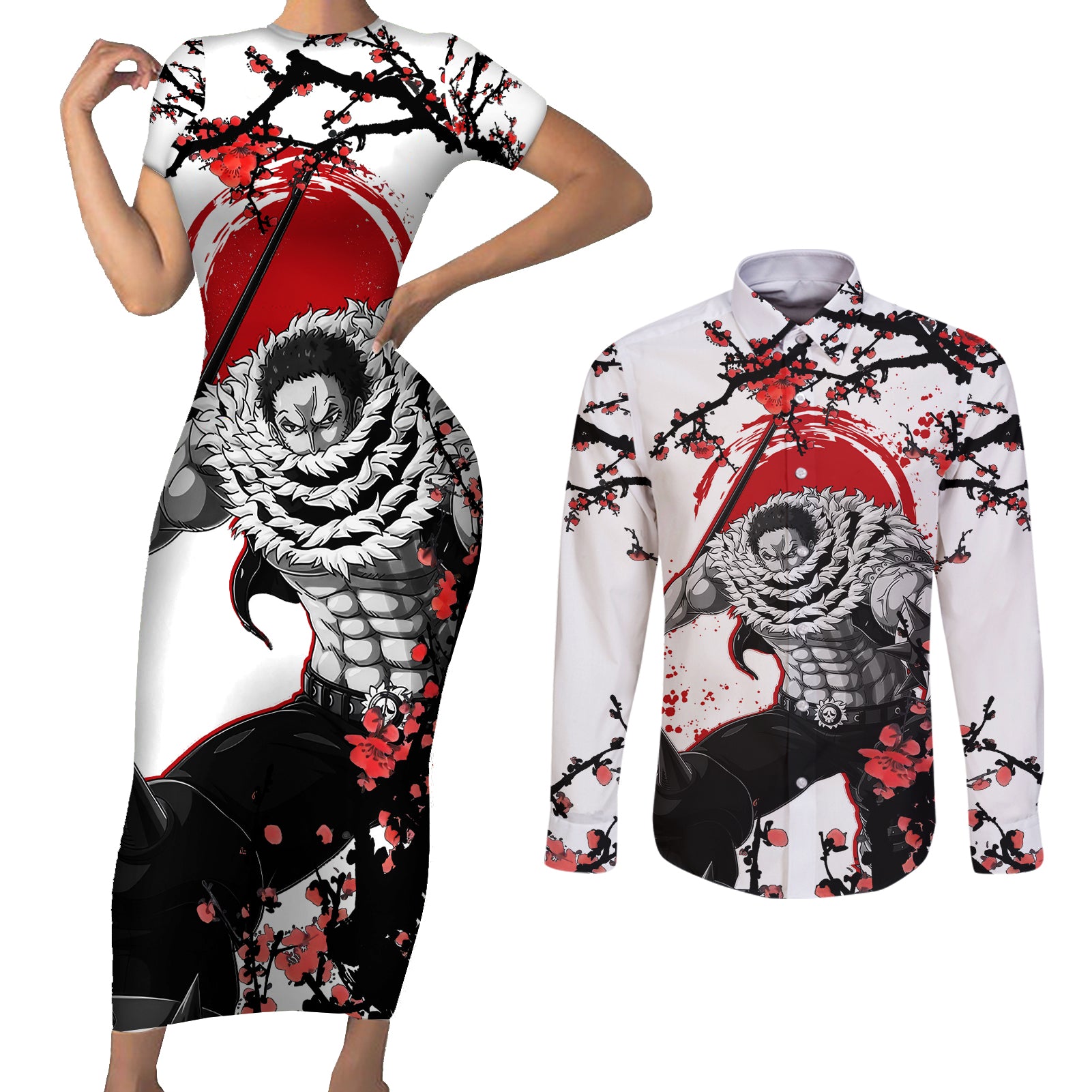 Charlotte Katakuri - Japan Style One Piece Anime Couples Matching Short Sleeve Bodycon Dress and Long Sleeve Button Shirt