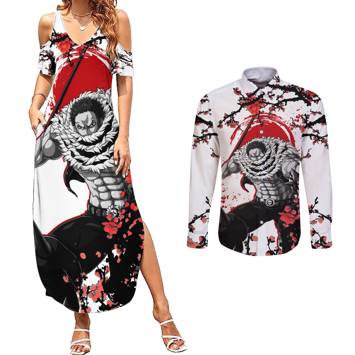 Charlotte Katakuri - Japan Style One Piece Anime Couples Matching Summer Maxi Dress and Long Sleeve Button Shirt