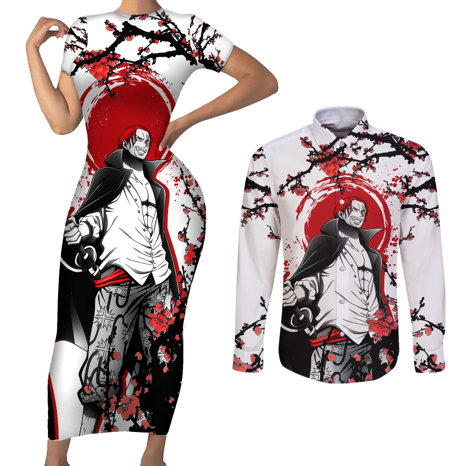 Red-Haired Shanks - Japan Style Anime Couples Matching Short Sleeve Bodycon Dress and Long Sleeve Button Shirt