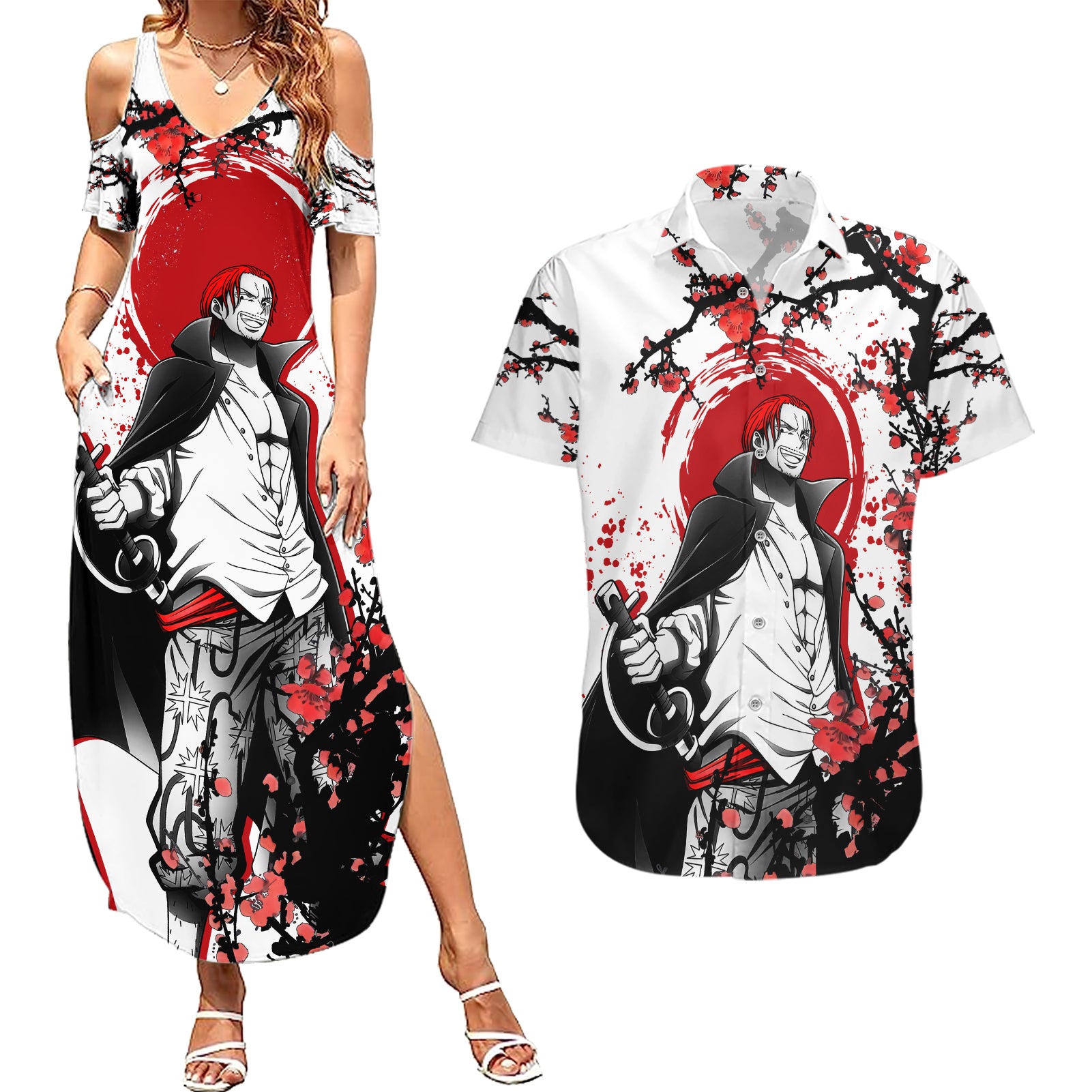 Red-Haired Shanks - Japan Style Anime Couples Matching Summer Maxi Dress and Hawaiian Shirt