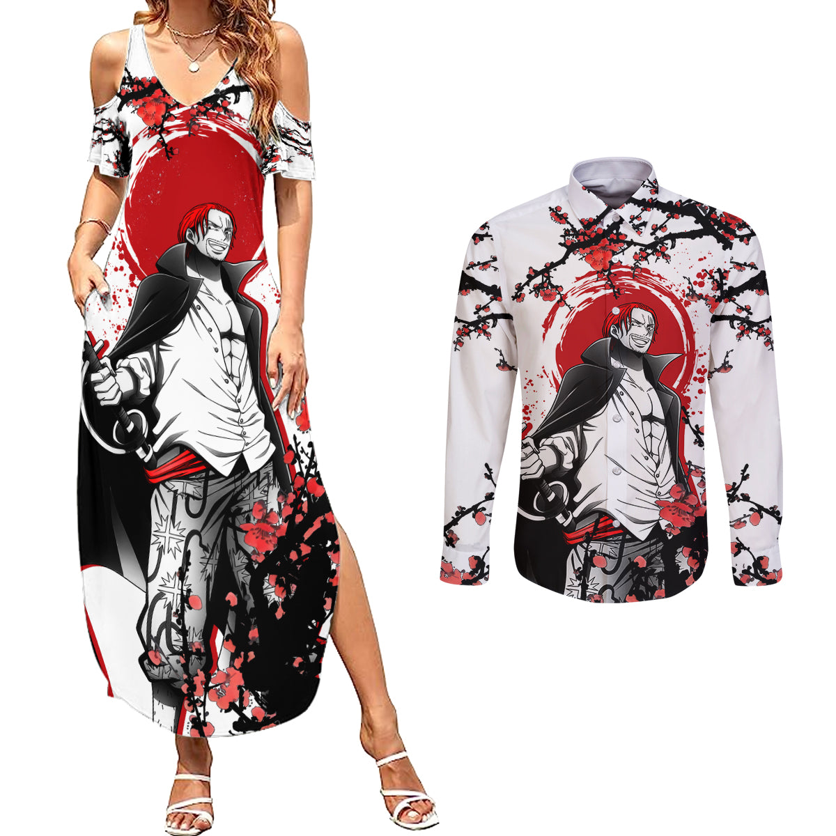 Red-Haired Shanks - Japan Style Anime Couples Matching Summer Maxi Dress and Long Sleeve Button Shirt