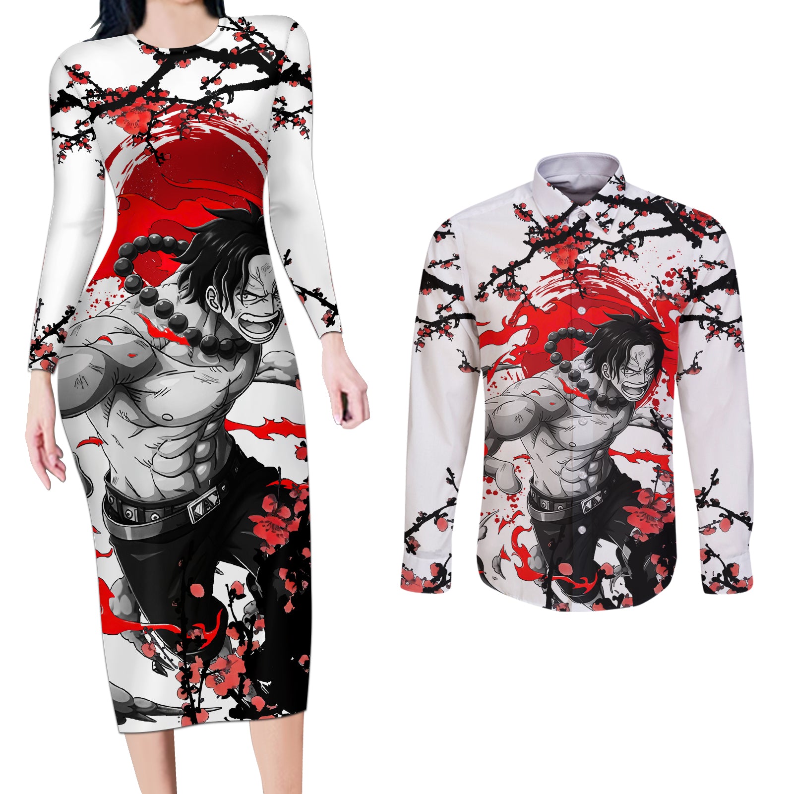 Portgas D. Ace- Japan Style One Piece Anime Couples Matching Long Sleeve Bodycon Dress and Long Sleeve Button Shirt