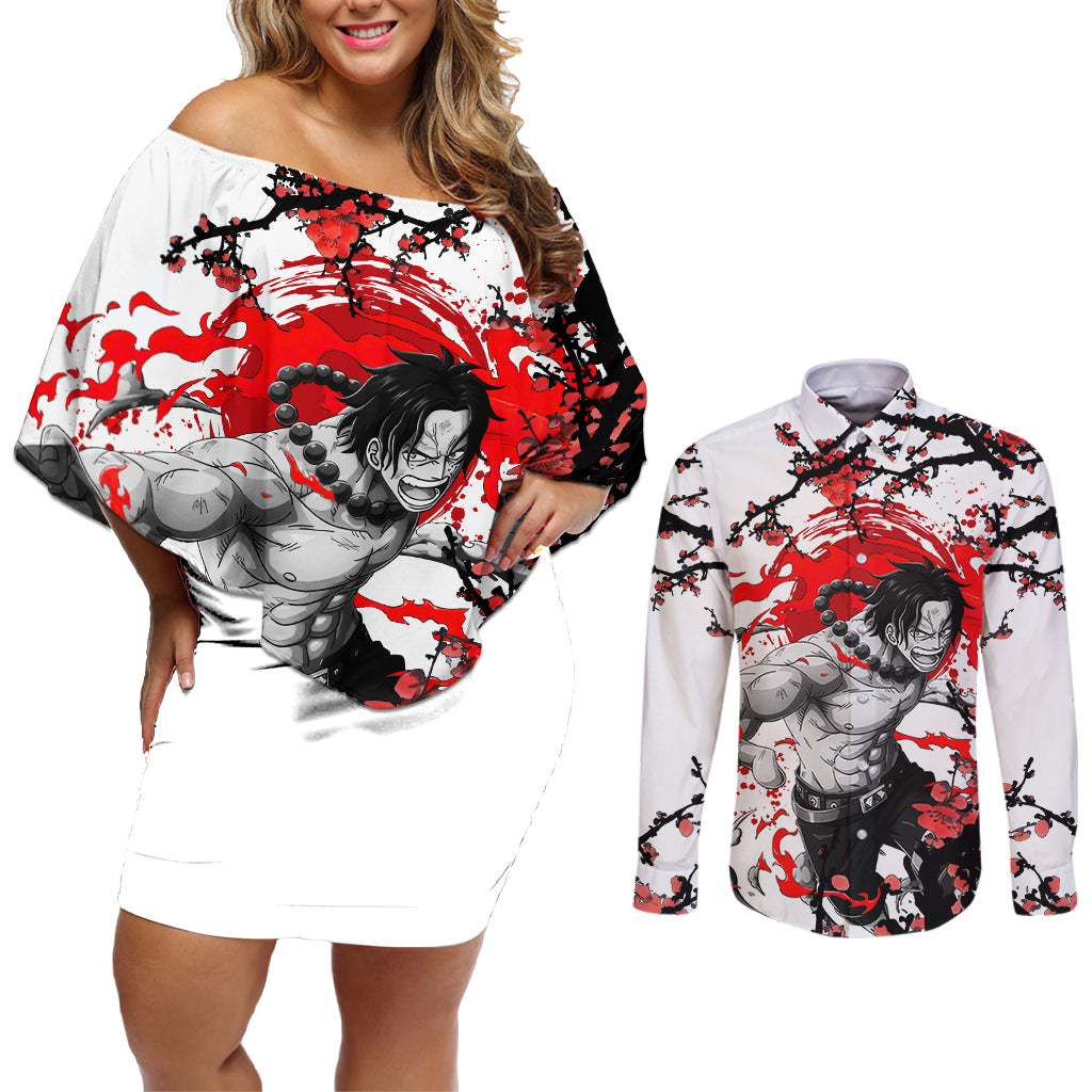 Portgas D. Ace- Japan Style One Piece Anime Couples Matching Off Shoulder Short Dress and Long Sleeve Button Shirt