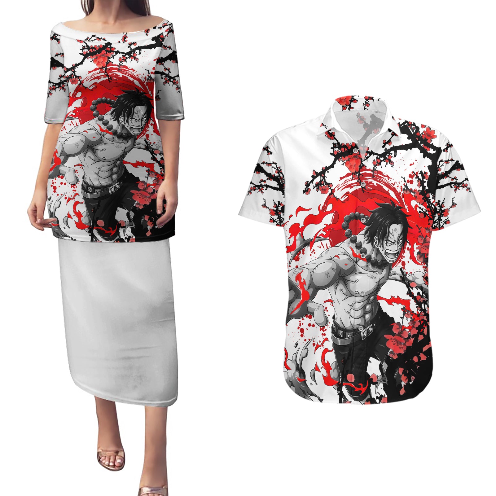 Portgas D. Ace- Japan Style One Piece Anime Couples Matching Puletasi and Hawaiian Shirt