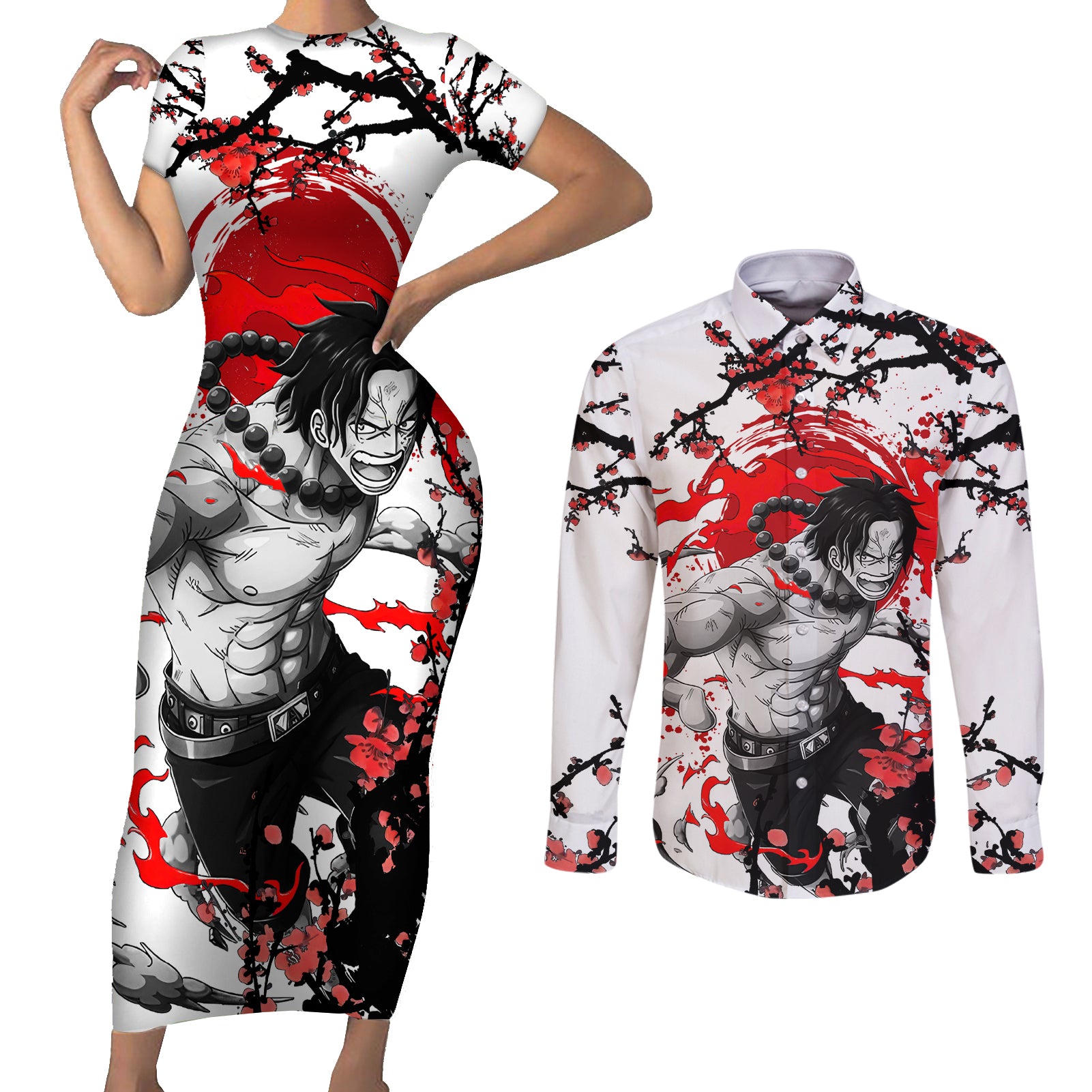 Portgas D. Ace- Japan Style One Piece Anime Couples Matching Short Sleeve Bodycon Dress and Long Sleeve Button Shirt