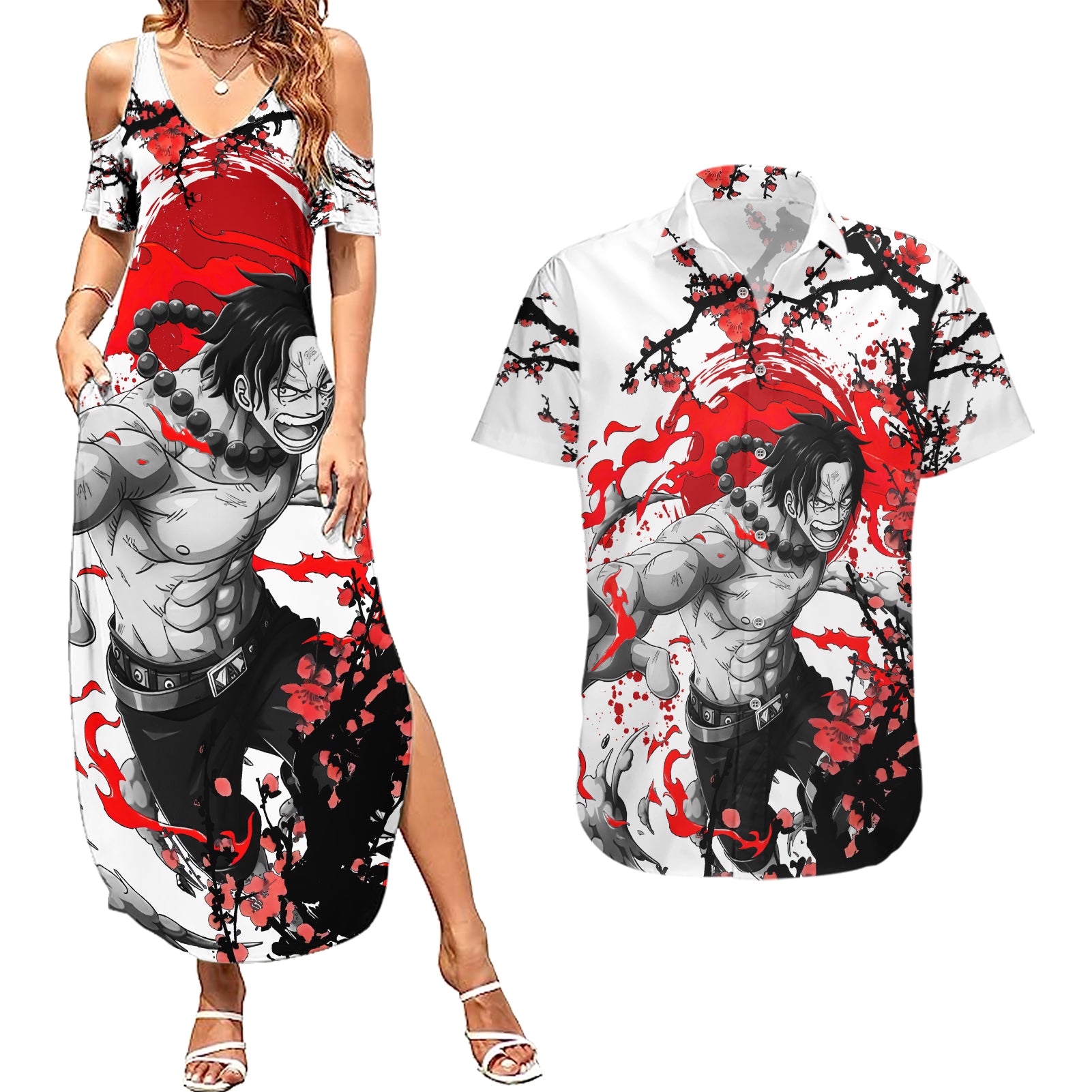 Portgas D. Ace- Japan Style One Piece Anime Couples Matching Summer Maxi Dress and Hawaiian Shirt