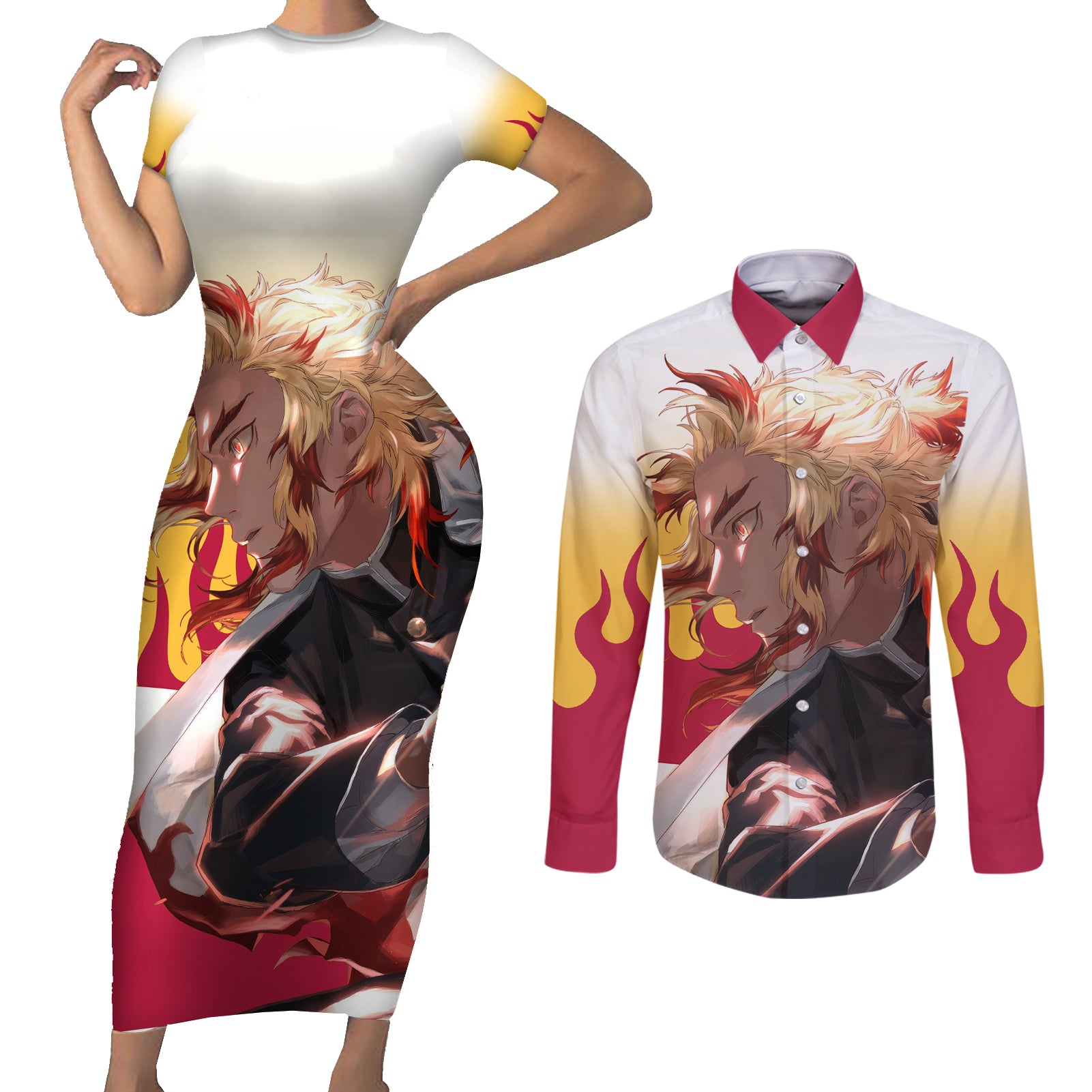 Kyojuro Rengoku - Demon Slayer Couples Matching Short Sleeve Bodycon Dress and Long Sleeve Button Shirt