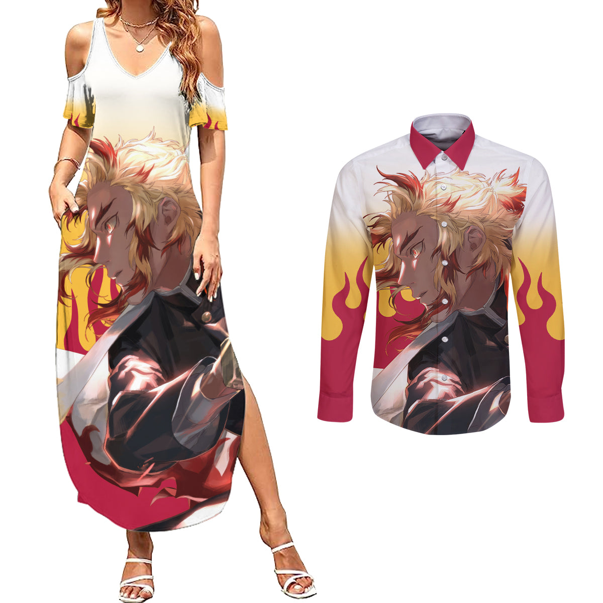 Kyojuro Rengoku - Demon Slayer Couples Matching Summer Maxi Dress and Long Sleeve Button Shirt