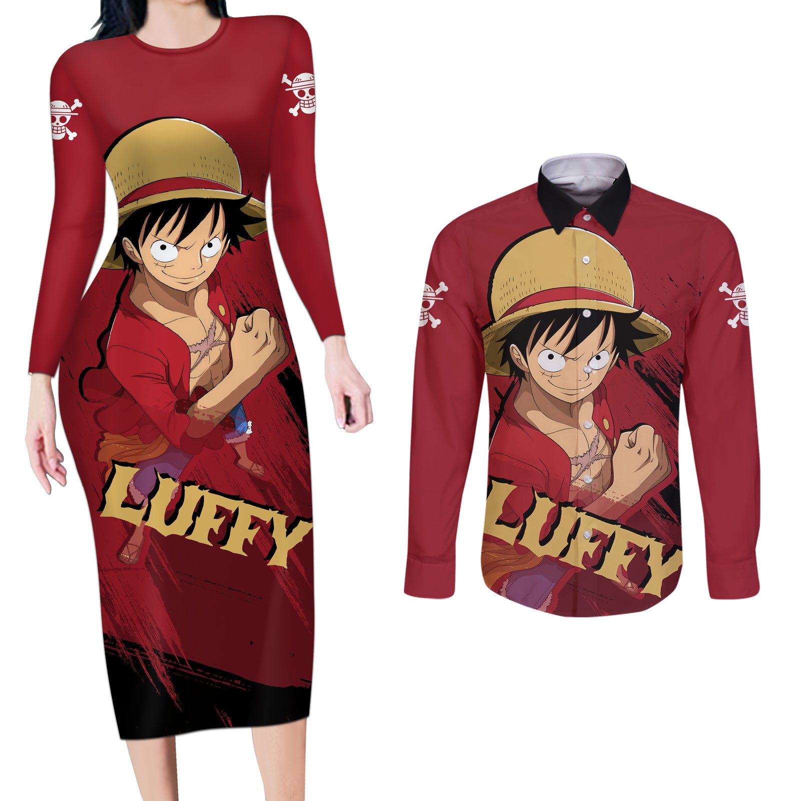 Monkey D Luffy - One Piece Anime Couples Matching Long Sleeve Bodycon Dress and Long Sleeve Button Shirt