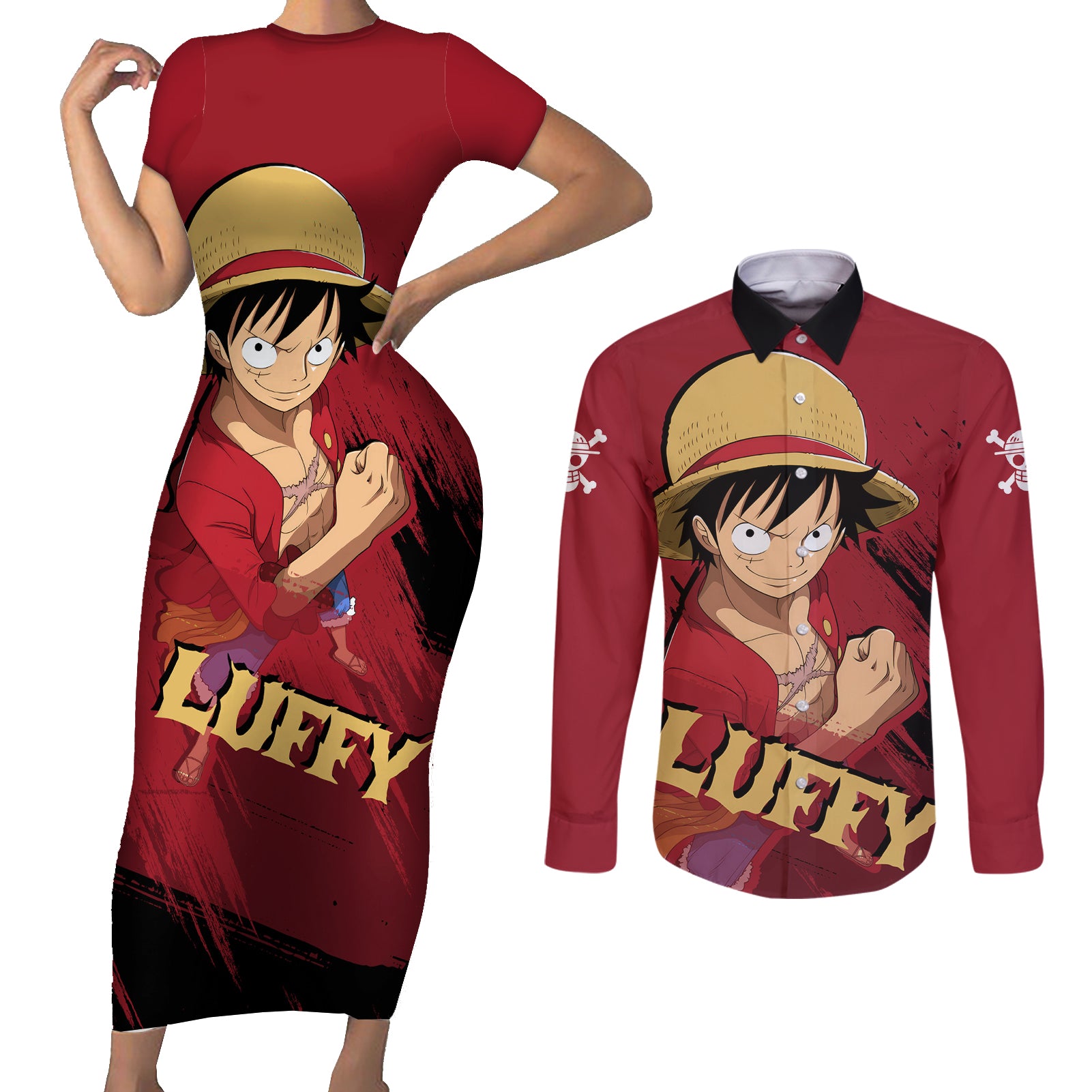 Monkey D Luffy - One Piece Anime Couples Matching Short Sleeve Bodycon Dress and Long Sleeve Button Shirt