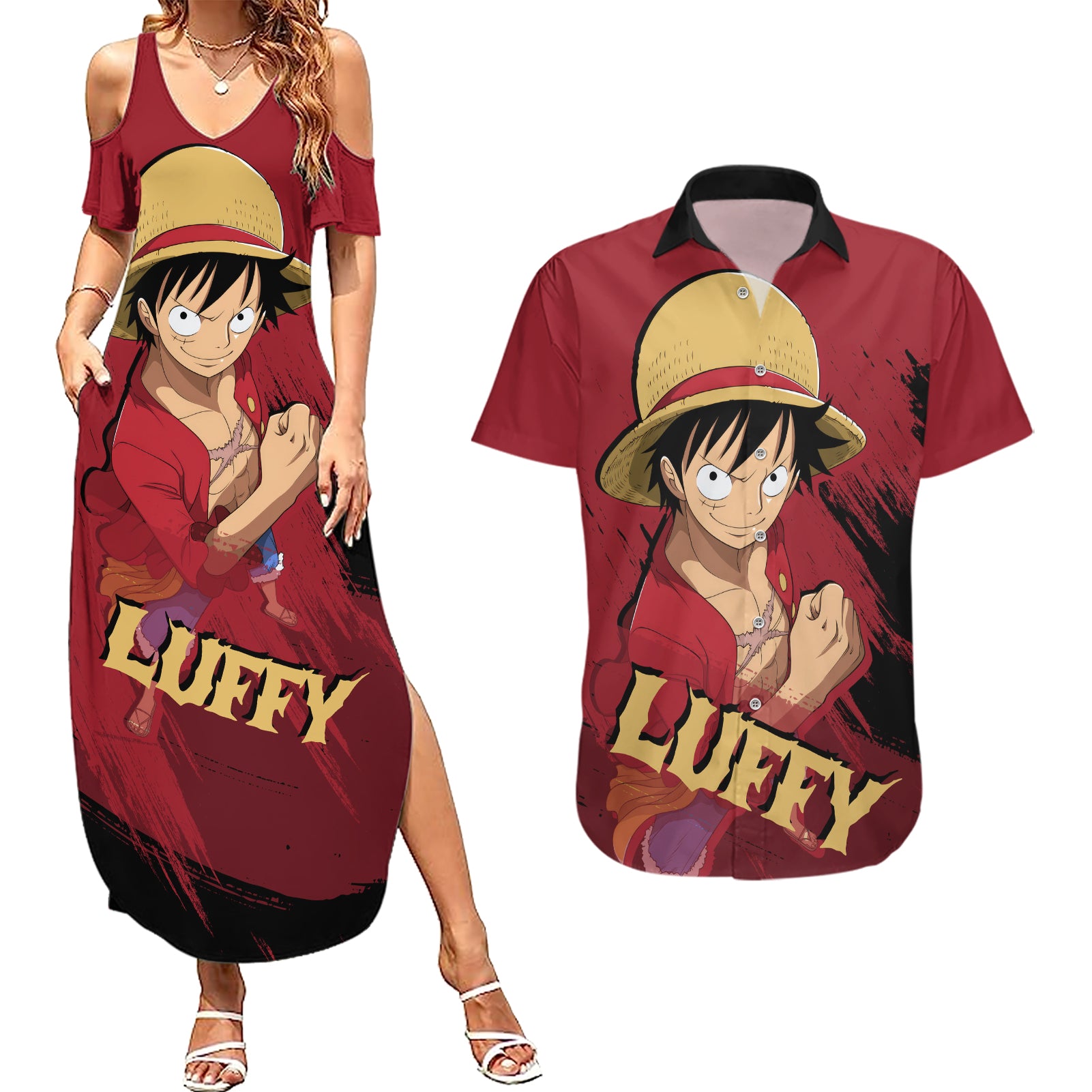 Monkey D Luffy - One Piece Anime Couples Matching Summer Maxi Dress and Hawaiian Shirt