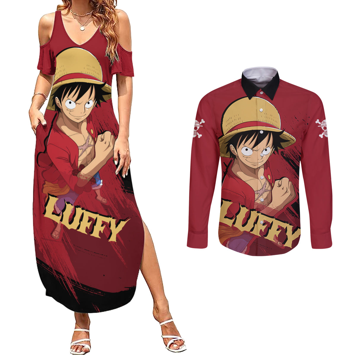 Monkey D Luffy - One Piece Anime Couples Matching Summer Maxi Dress and Long Sleeve Button Shirt