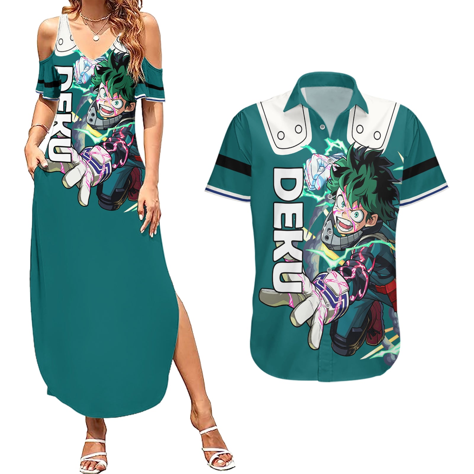 Izuku Midoriya Couples Matching Summer Maxi Dress and Hawaiian Shirt