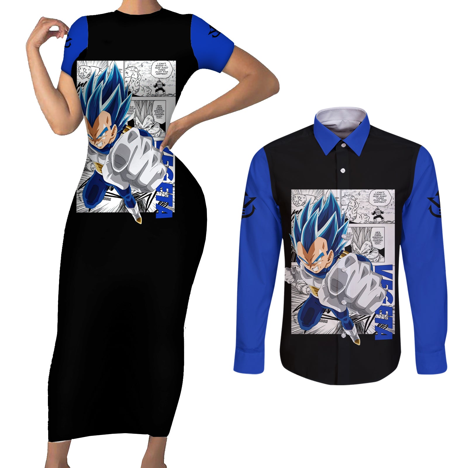 Vegeta Blue - Anime Manga Couples Matching Short Sleeve Bodycon Dress and Long Sleeve Button Shirt