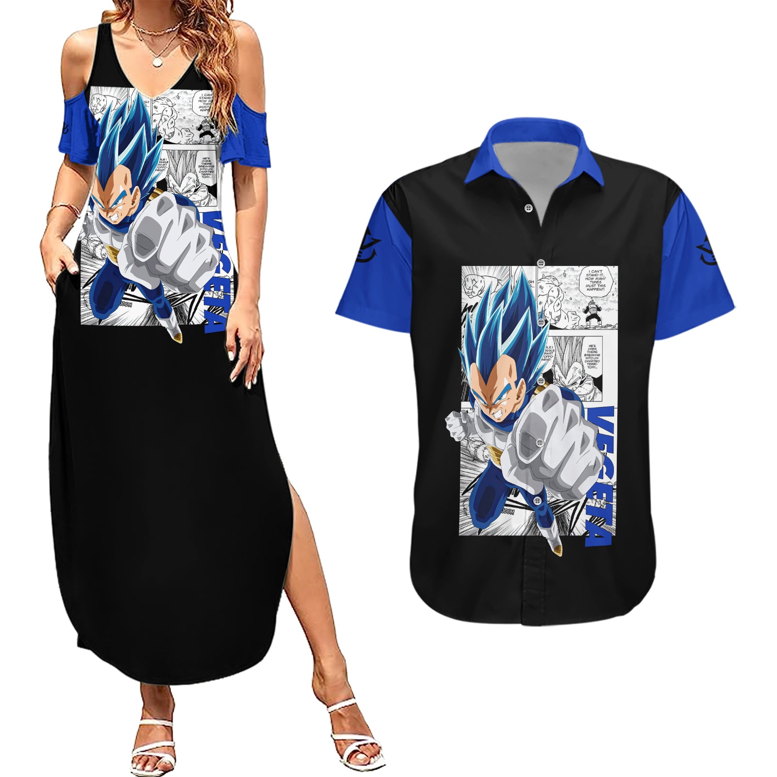 Vegeta Blue - Anime Manga Couples Matching Summer Maxi Dress and Hawaiian Shirt