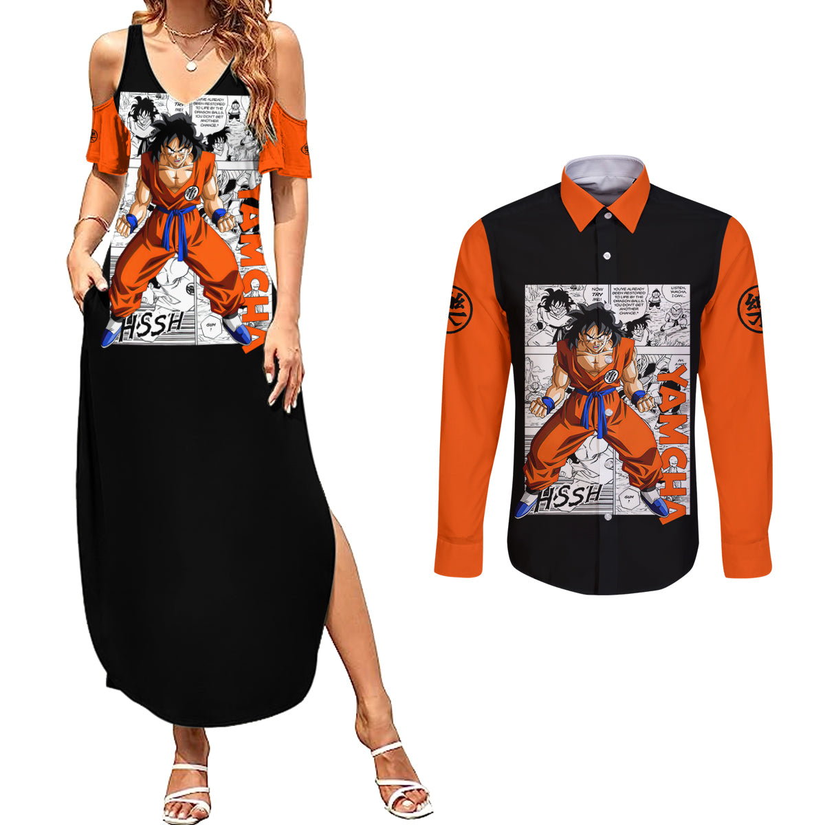 Yamcha - Dragonball Couples Matching Summer Maxi Dress and Long Sleeve Button Shirt