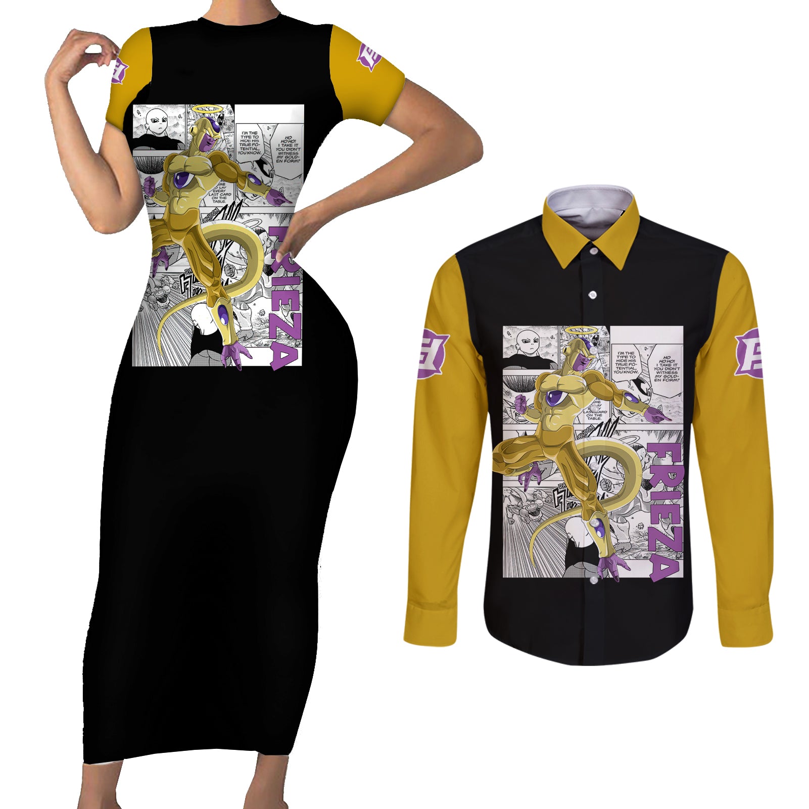 Golden Frieza - Anime Manga Couples Matching Short Sleeve Bodycon Dress and Long Sleeve Button Shirt