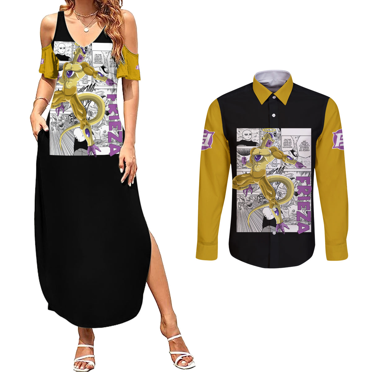 Golden Frieza - Anime Manga Couples Matching Summer Maxi Dress and Long Sleeve Button Shirt