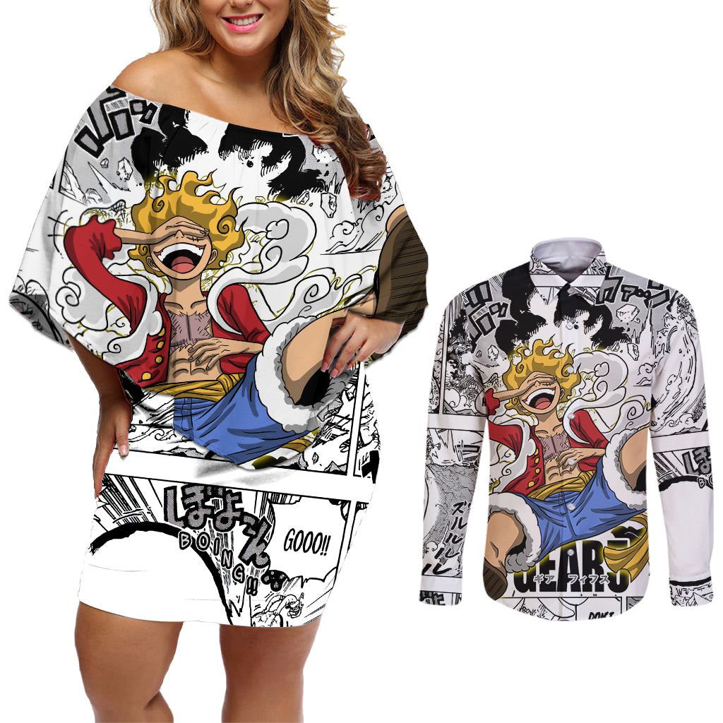 Luffy Gear 5 Awakening - One Piece Anime Mixed Manga Couples Matching Off Shoulder Short Dress and Long Sleeve Button Shirt