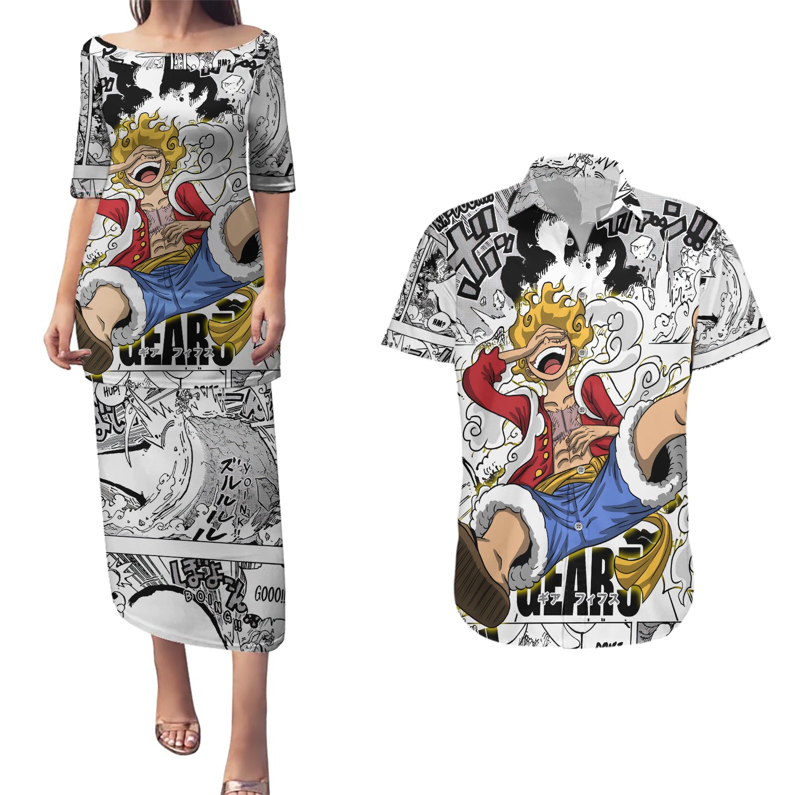 Luffy Gear 5 Awakening - One Piece Anime Mixed Manga Couples Matching Puletasi and Hawaiian Shirt