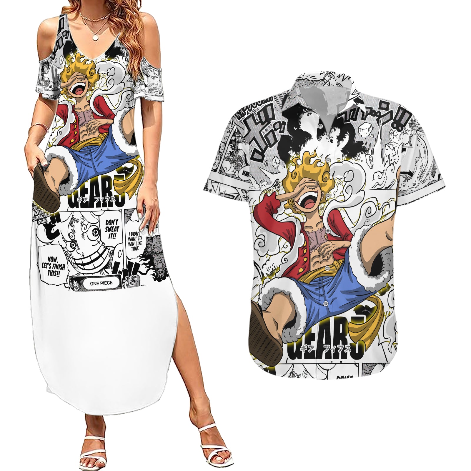 Luffy Gear 5 Awakening - One Piece Anime Mixed Manga Couples Matching Summer Maxi Dress and Hawaiian Shirt