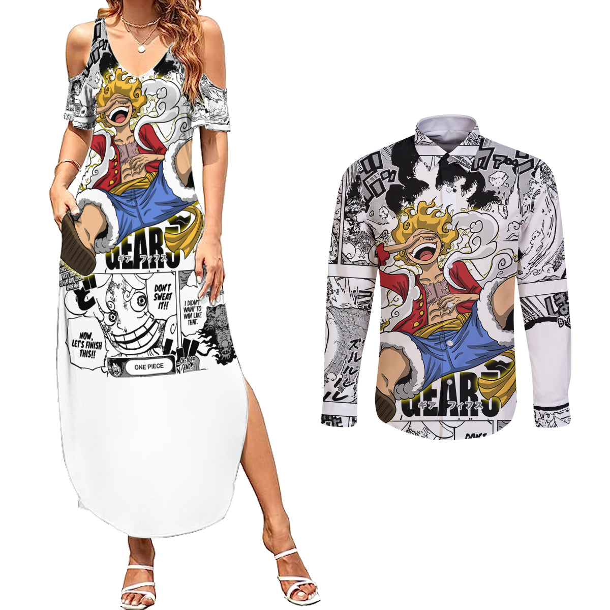 Luffy Gear 5 Awakening - One Piece Anime Mixed Manga Couples Matching Summer Maxi Dress and Long Sleeve Button Shirt