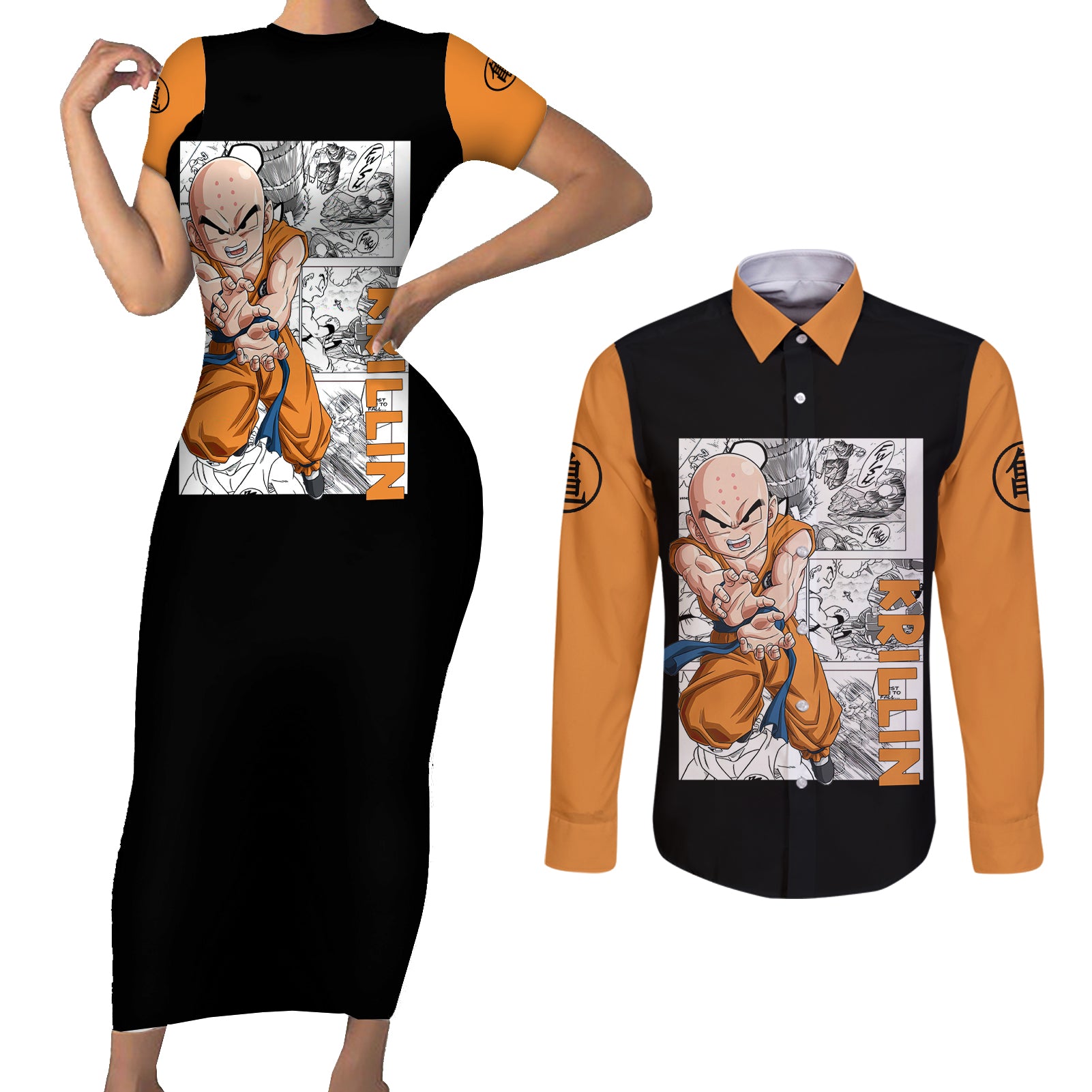 Krillin - Anime Manga Couples Matching Short Sleeve Bodycon Dress and Long Sleeve Button Shirt