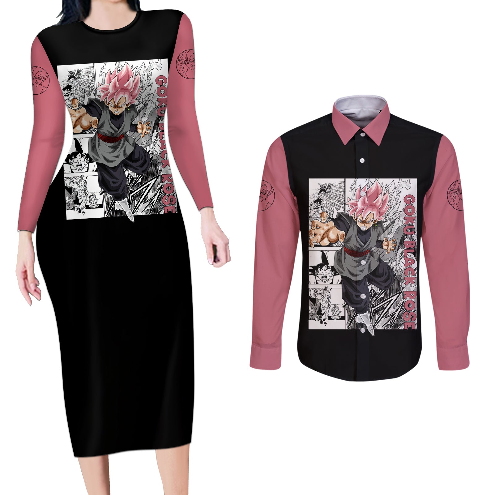 Goku Black Rose - Dragon Ball Anime Couples Matching Long Sleeve Bodycon Dress and Long Sleeve Button Shirt