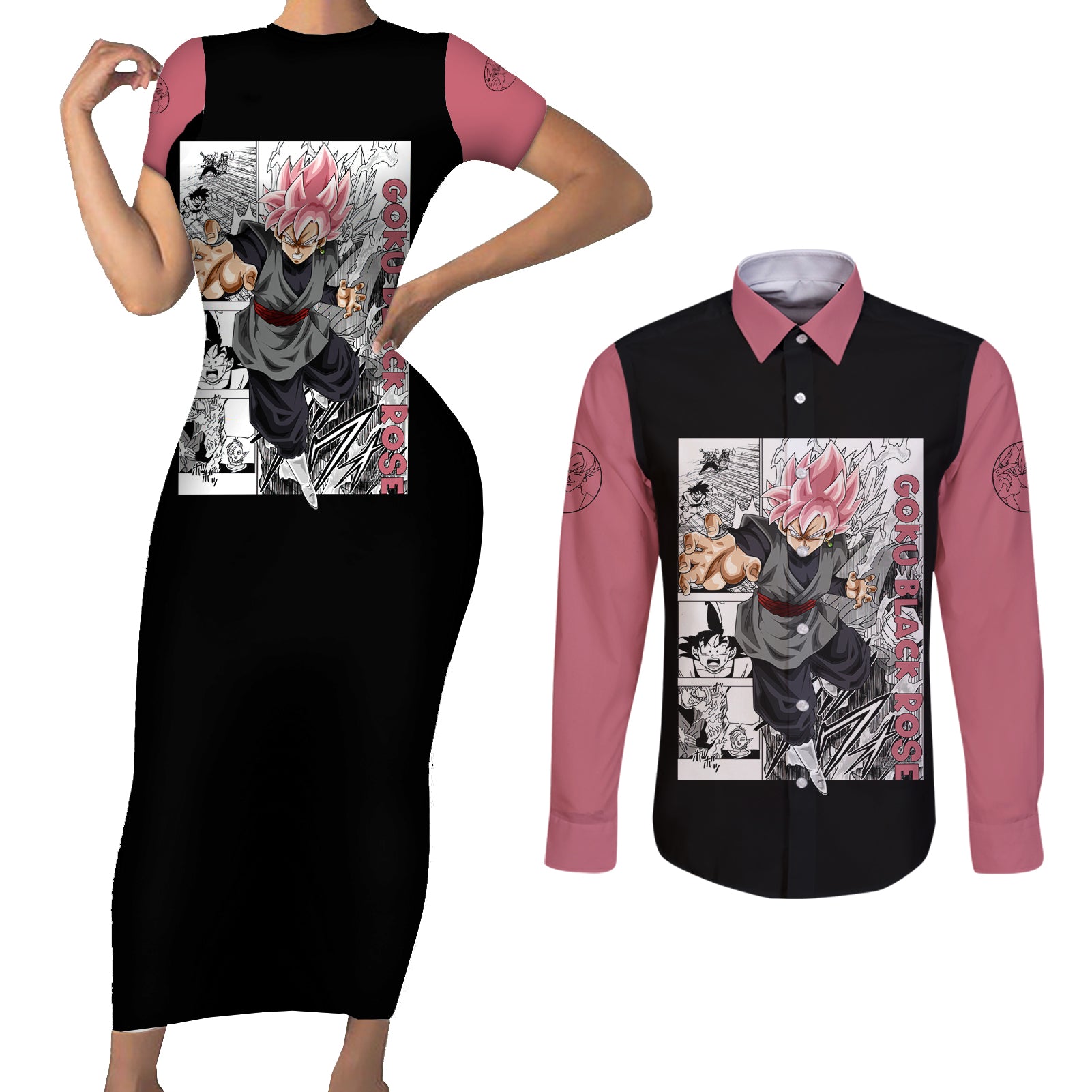 Goku Black Rose - Dragon Ball Anime Couples Matching Short Sleeve Bodycon Dress and Long Sleeve Button Shirt