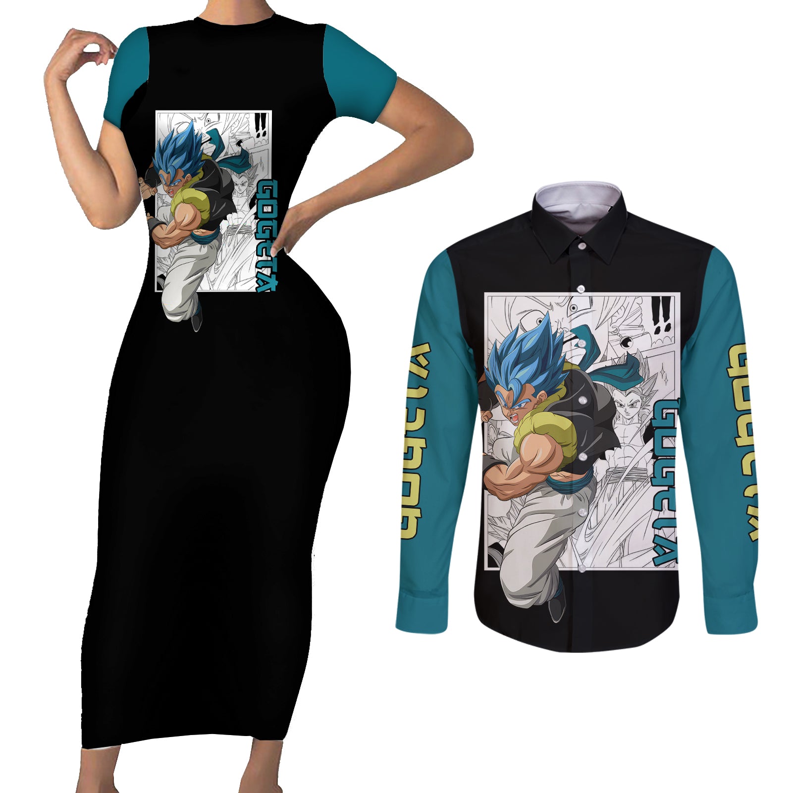 Gogeta Couples Matching Short Sleeve Bodycon Dress and Long Sleeve Button Shirt Dragon Ball