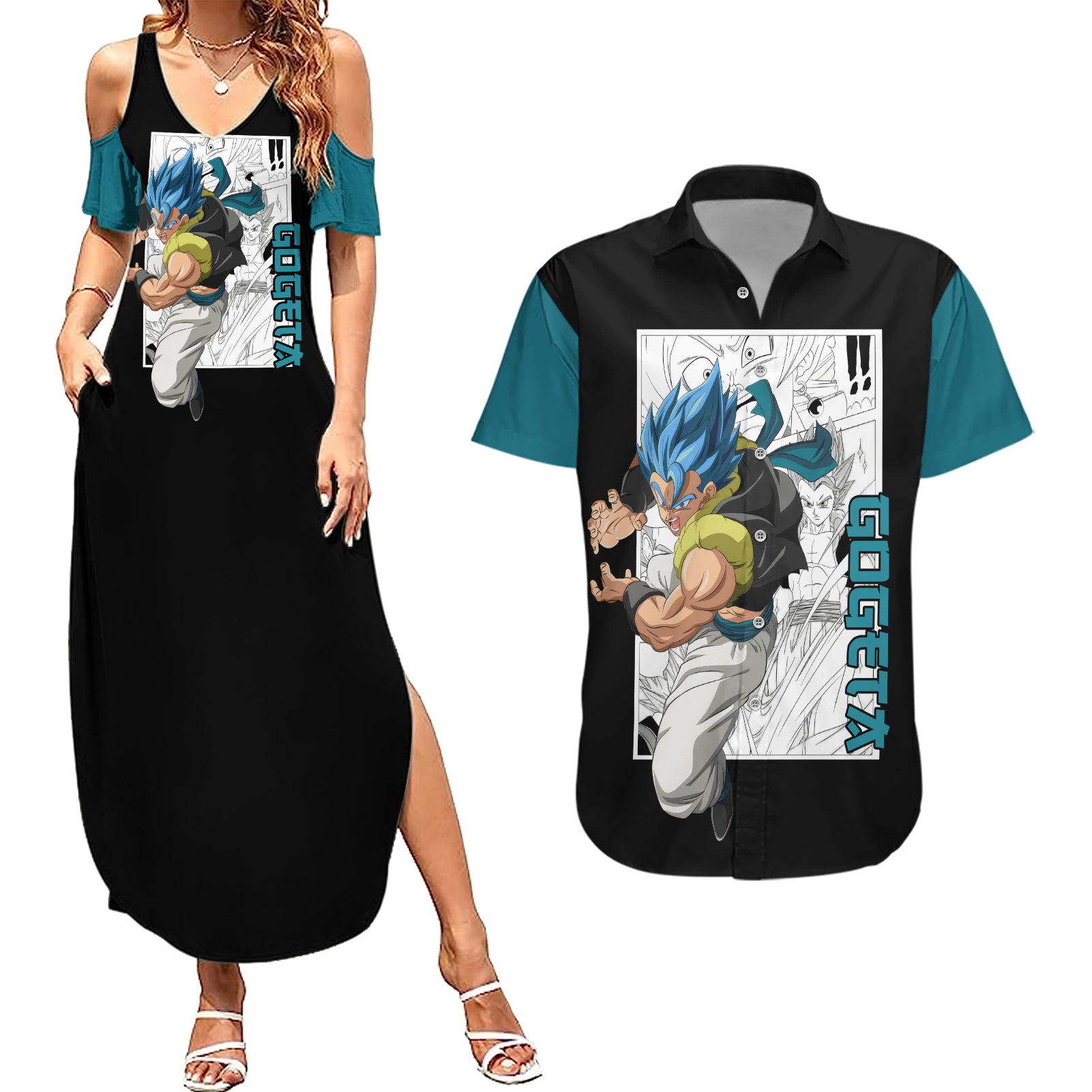 Gogeta Couples Matching Summer Maxi Dress and Hawaiian Shirt Dragon Ball