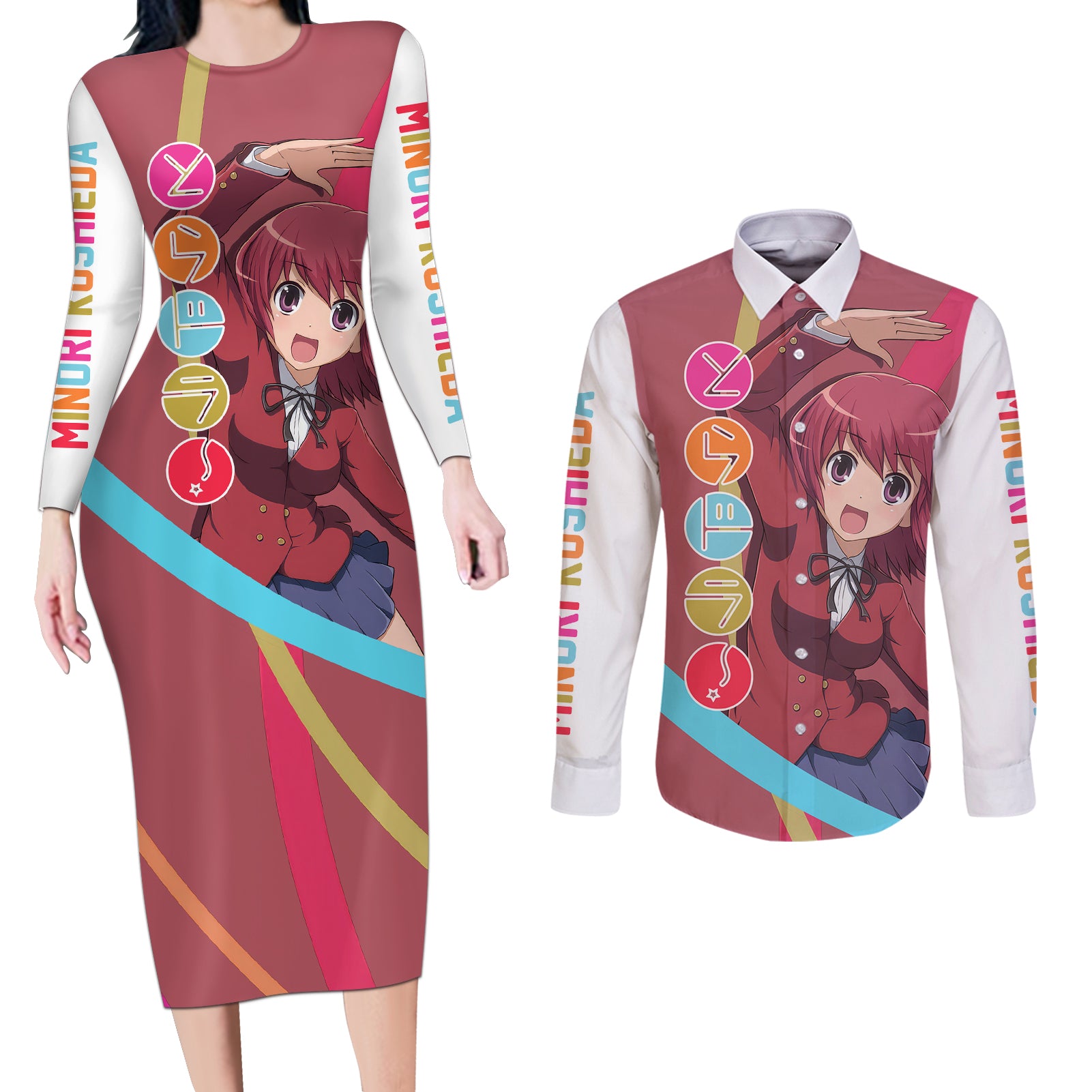 Minori Kushieda Couples Matching Long Sleeve Bodycon Dress and Long Sleeve Button Shirt Toradora