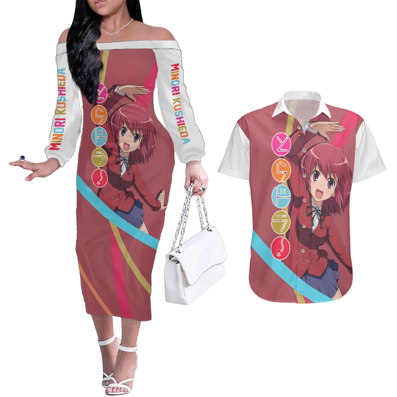 Minori Kushieda Couples Matching Off The Shoulder Long Sleeve Dress and Hawaiian Shirt Toradora