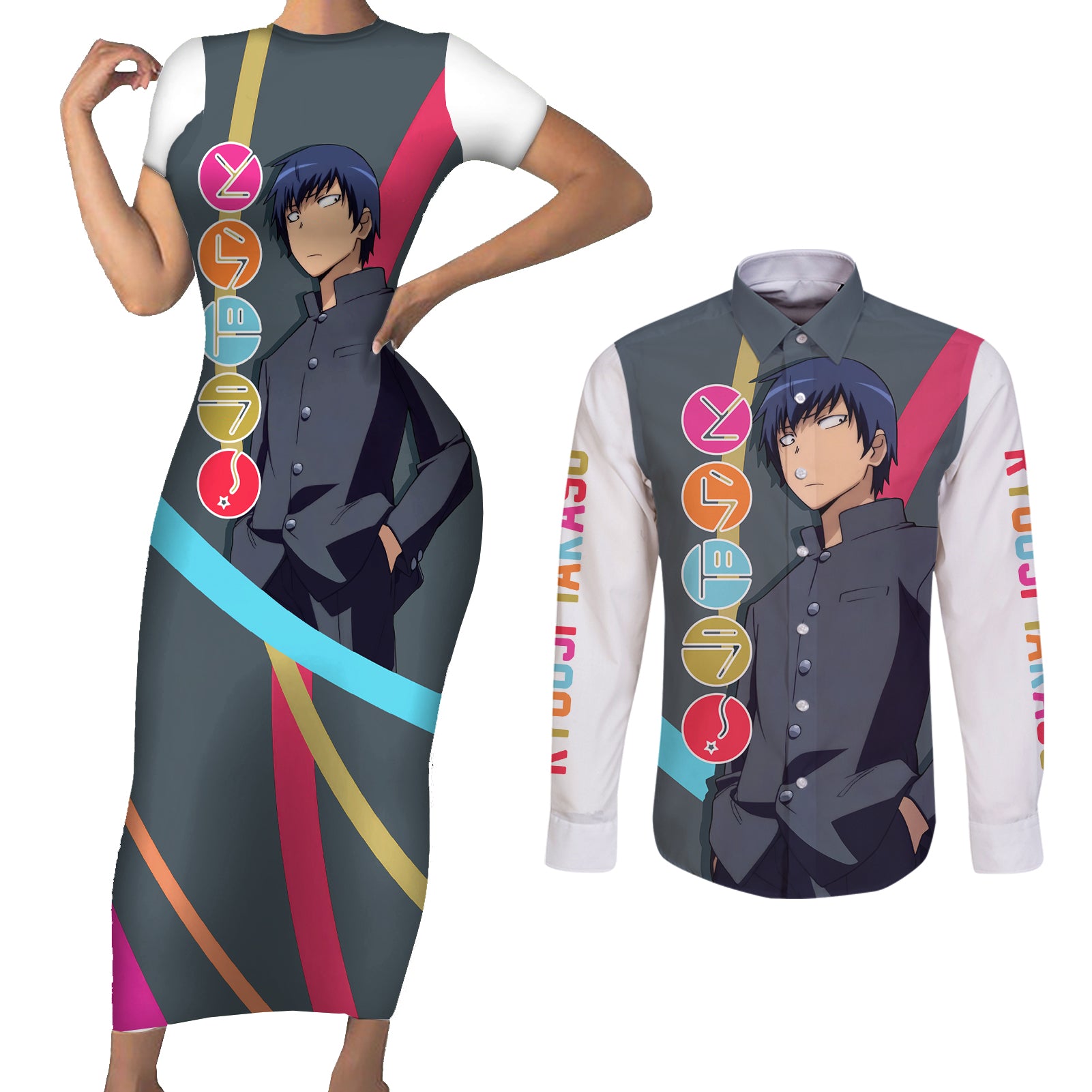 Ryuuji Takasu Couples Matching Short Sleeve Bodycon Dress and Long Sleeve Button Shirt Toradora