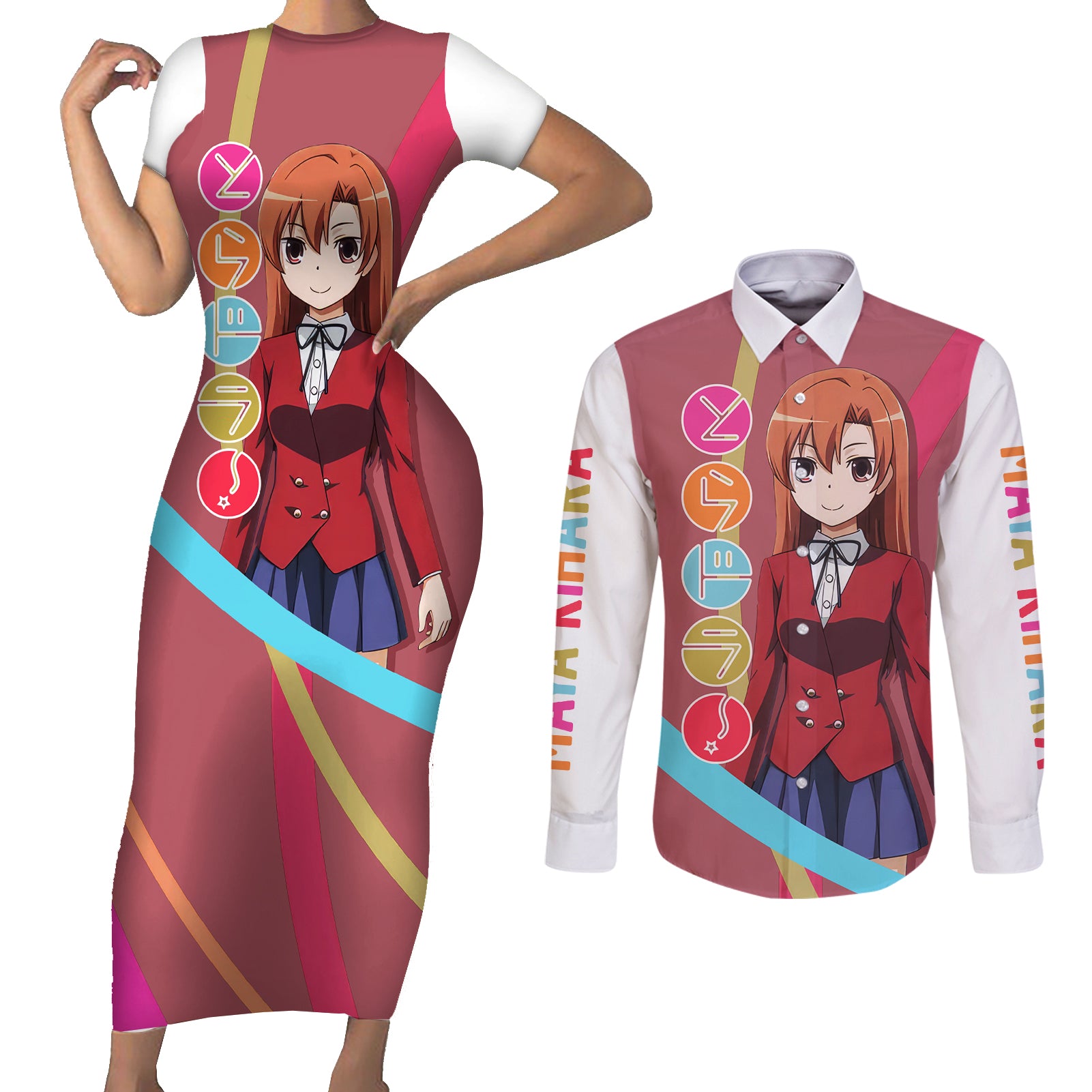 Maya Kihara Couples Matching Short Sleeve Bodycon Dress and Long Sleeve Button Shirt Toradora