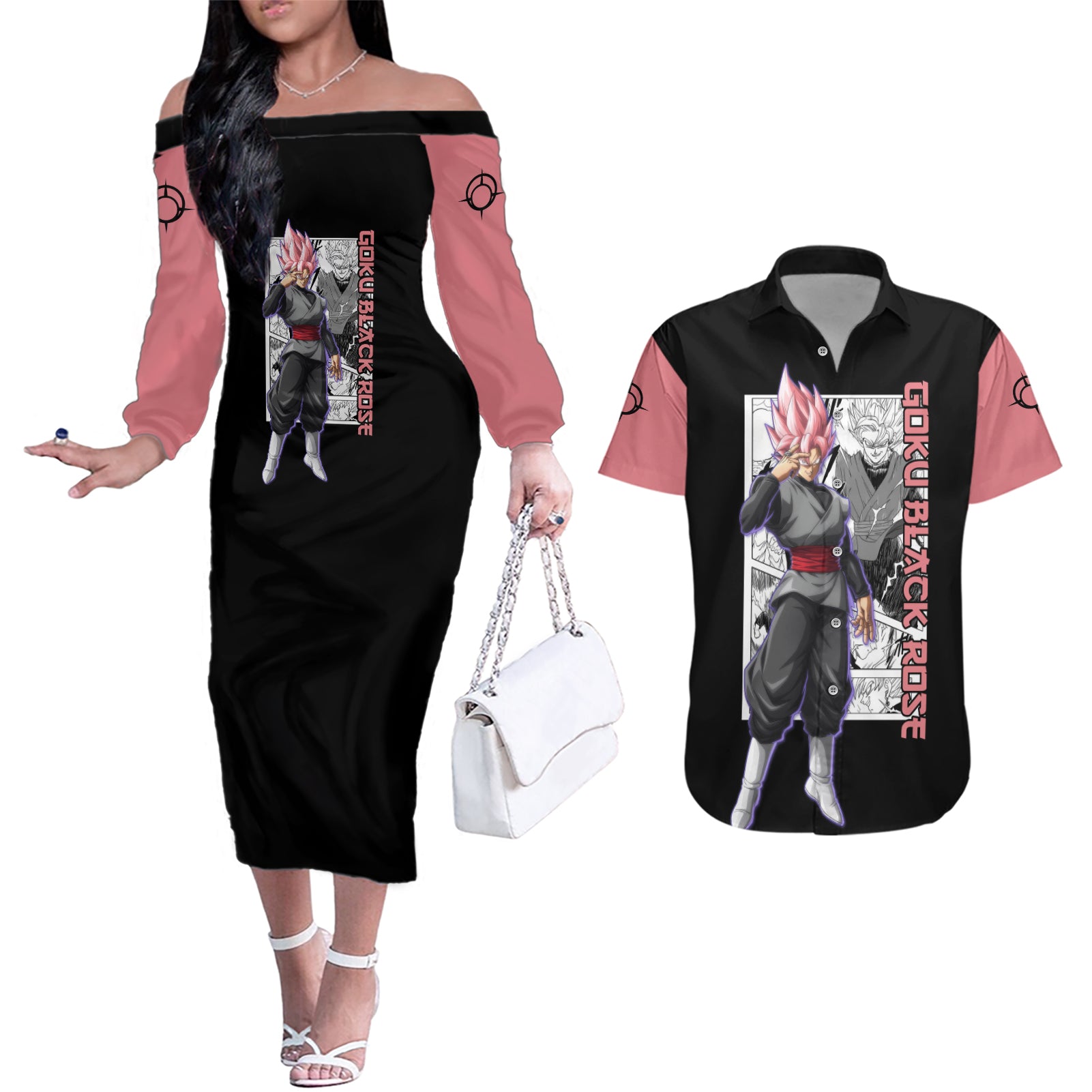 Goku Black Rose Couples Matching Off The Shoulder Long Sleeve Dress and Hawaiian Shirt Dragon Ball Anime Mix Manga