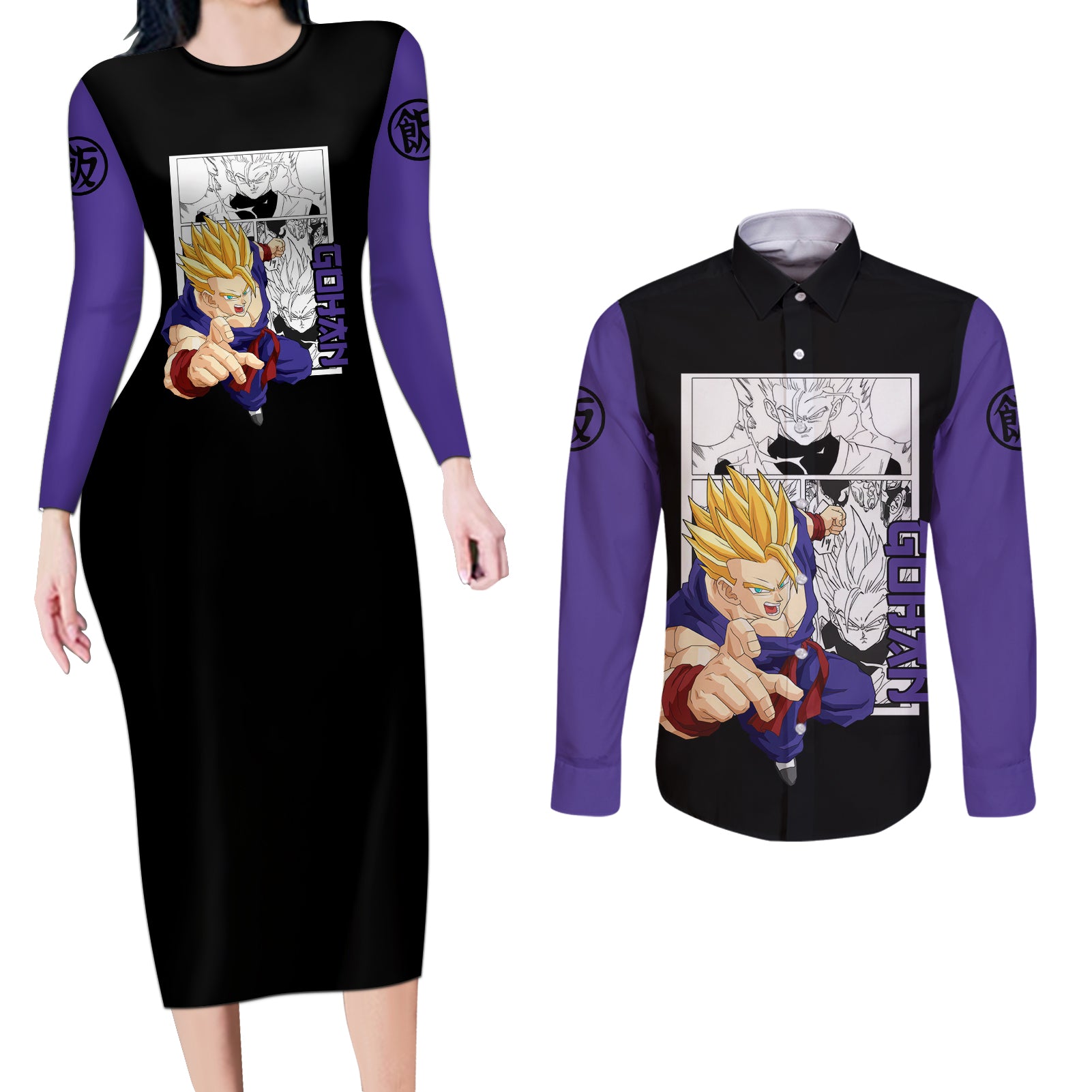 Gohan Adult SSJ2 Couples Matching Long Sleeve Bodycon Dress and Long Sleeve Button Shirt Dragon Ball Anime Mix Manga