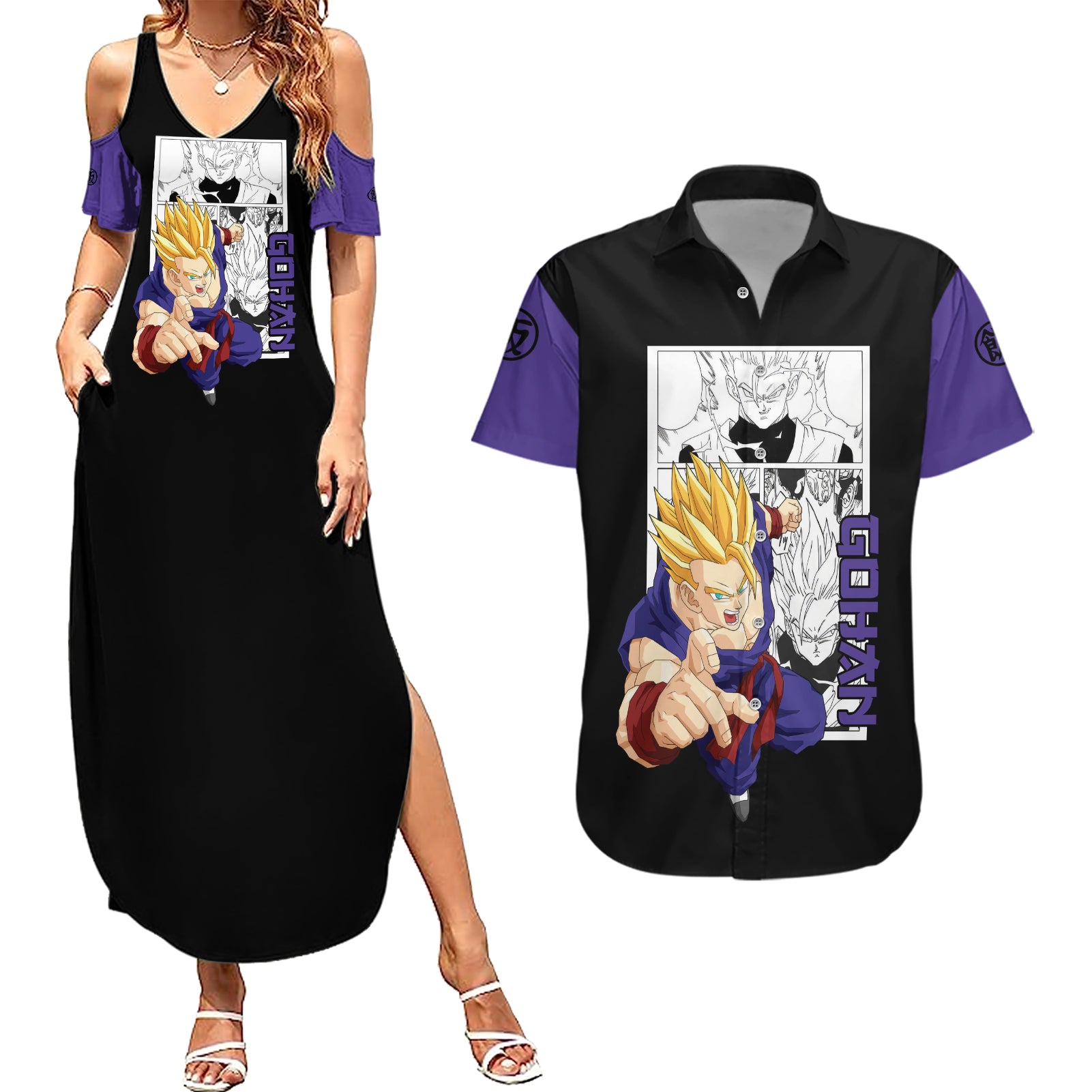 Gohan Adult SSJ2 Couples Matching Summer Maxi Dress and Hawaiian Shirt Dragon Ball Anime Mix Manga