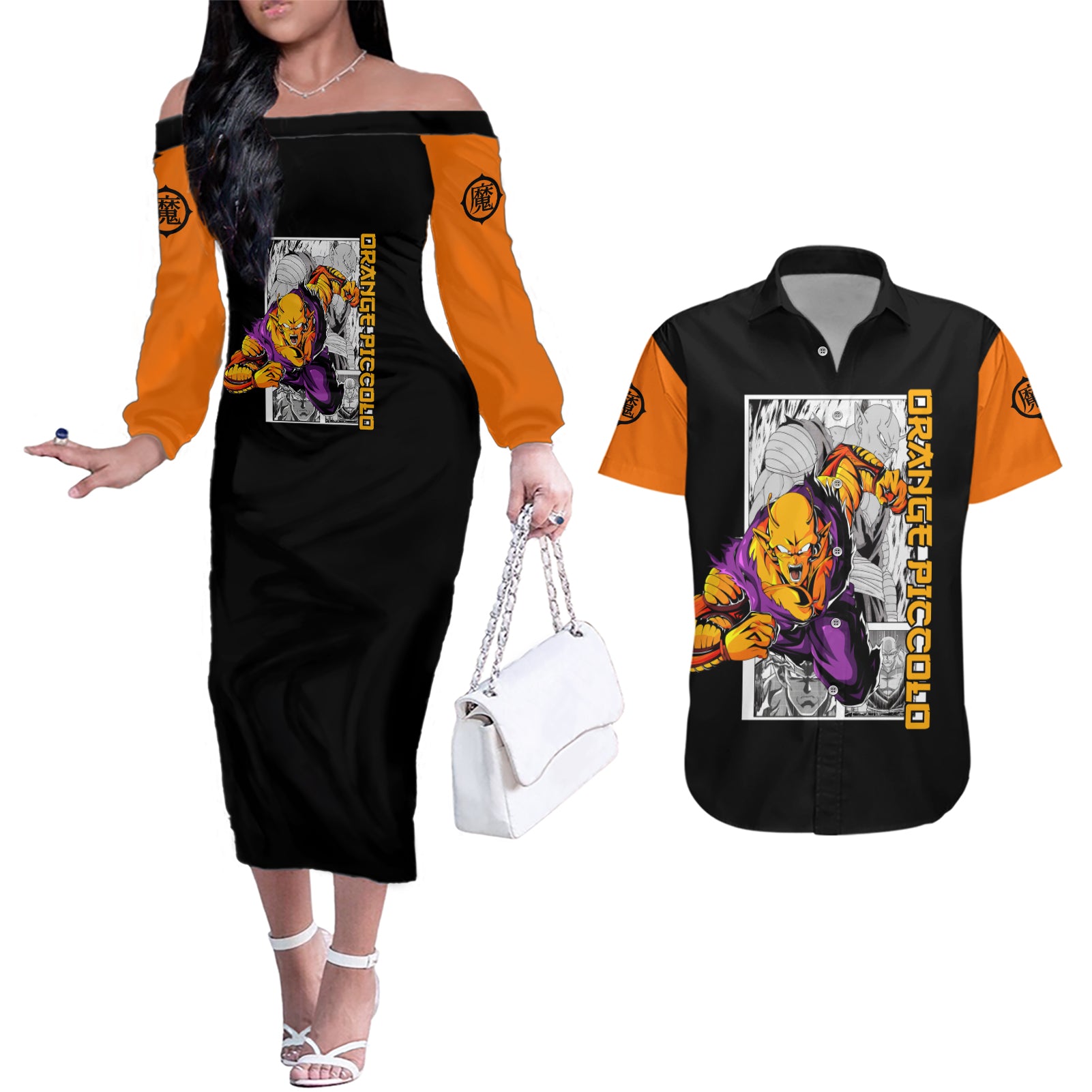 Orange Piccolo Couples Matching Off The Shoulder Long Sleeve Dress and Hawaiian Shirt Dragon Ball Anime Mix Manga