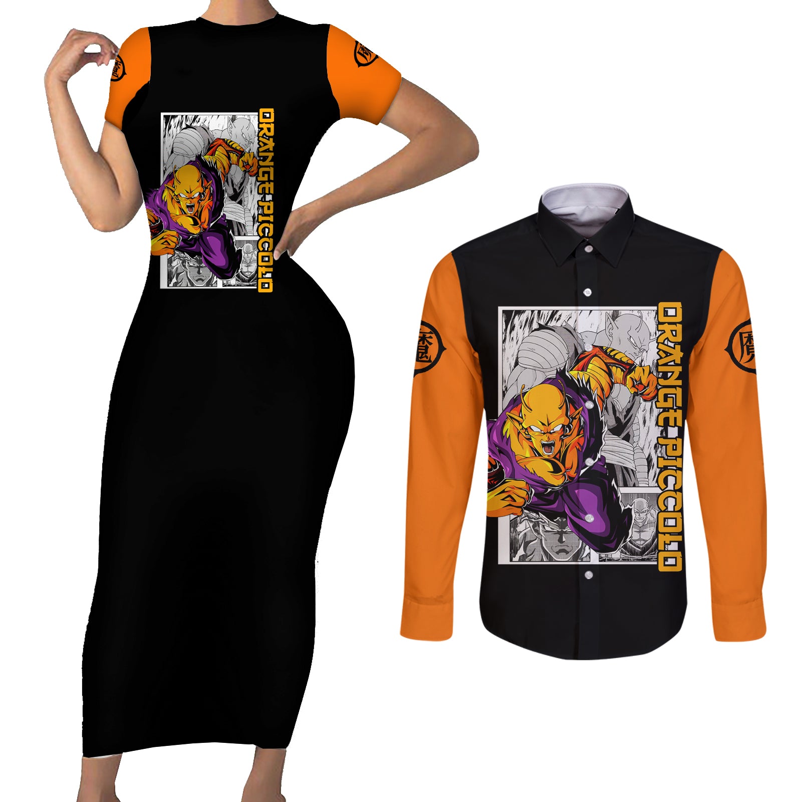 Orange Piccolo Couples Matching Short Sleeve Bodycon Dress and Long Sleeve Button Shirt Dragon Ball Anime Mix Manga