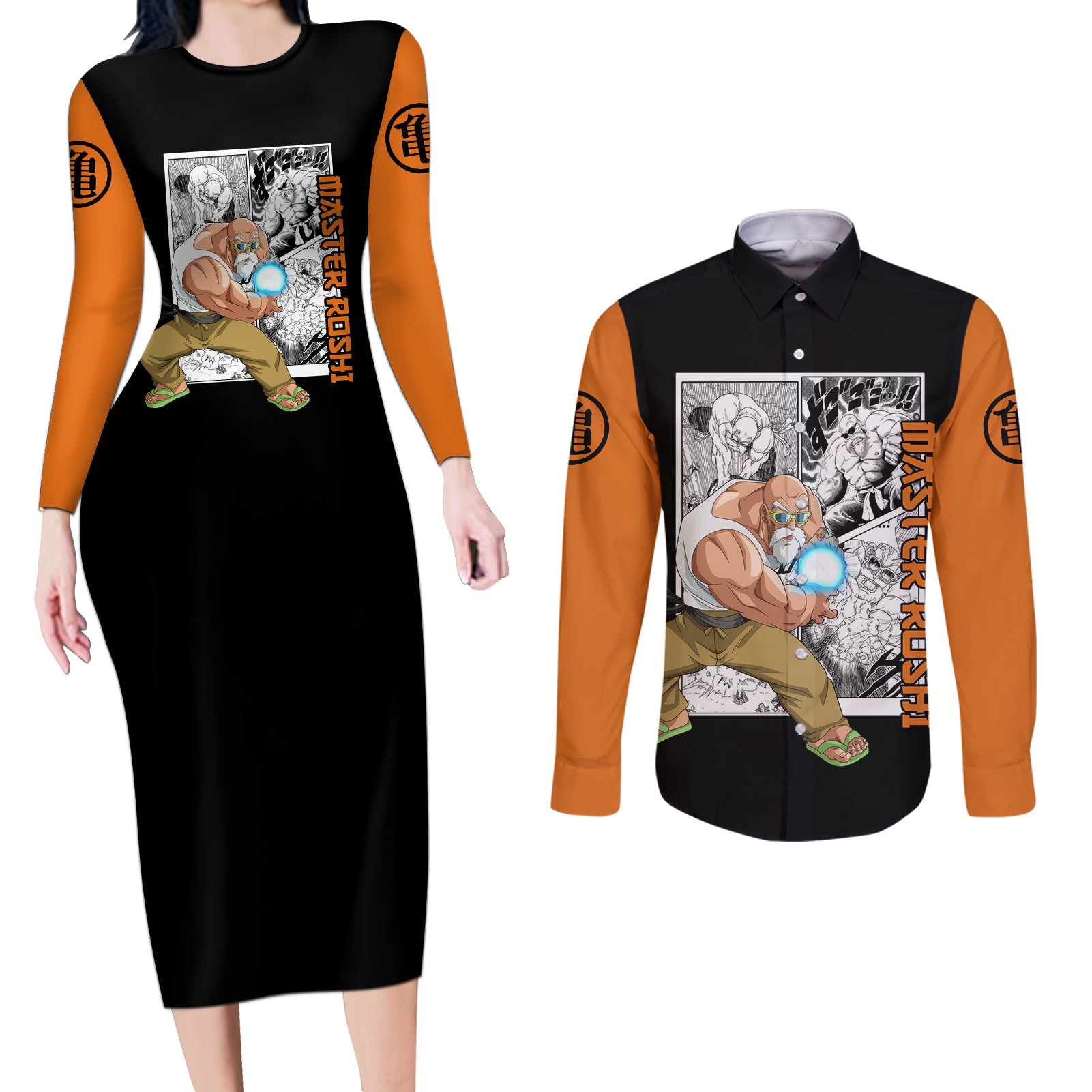 Master Roshi Couples Matching Long Sleeve Bodycon Dress and Long Sleeve Button Shirt Dragon Ball Anime Mix Manga