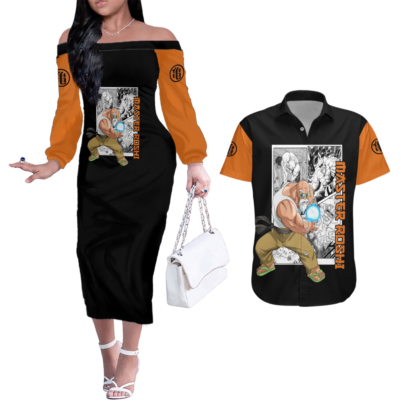 Master Roshi Couples Matching Off The Shoulder Long Sleeve Dress and Hawaiian Shirt Dragon Ball Anime Mix Manga