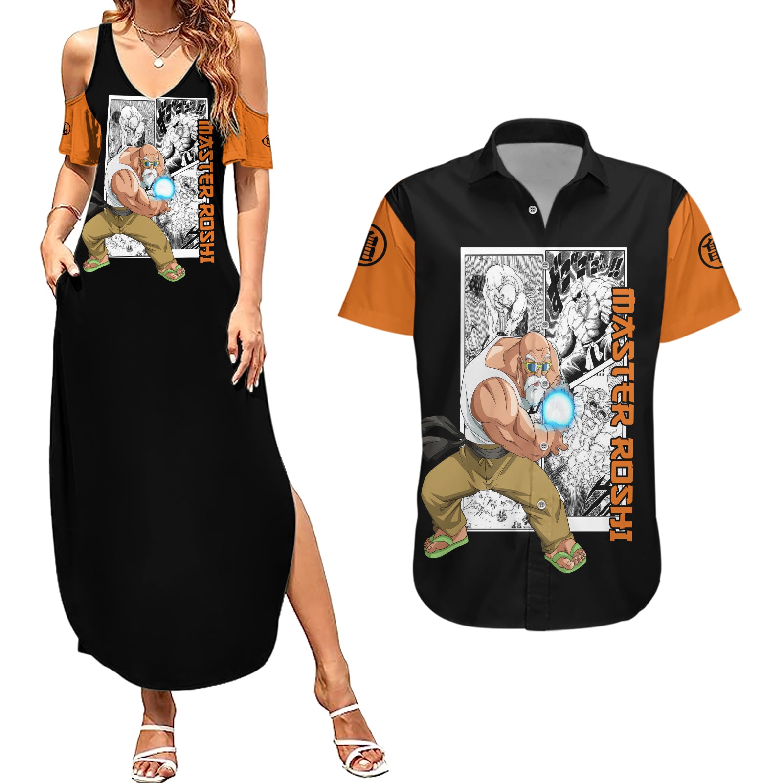 Master Roshi Couples Matching Summer Maxi Dress and Hawaiian Shirt Dragon Ball Anime Mix Manga