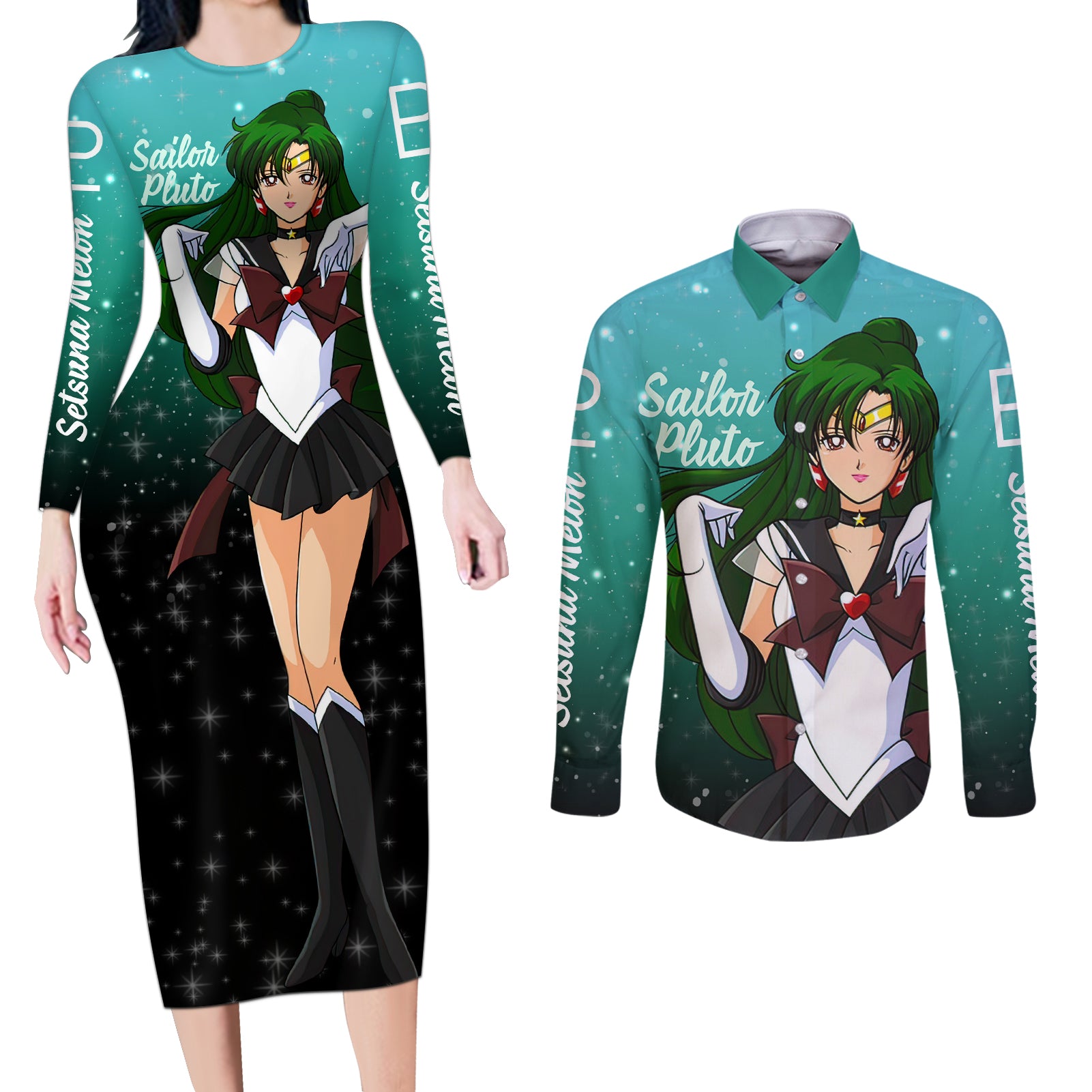 Sailor Pluto Setsuna Meioh Couples Matching Long Sleeve Bodycon Dress and Long Sleeve Button Shirt Sailor Moon