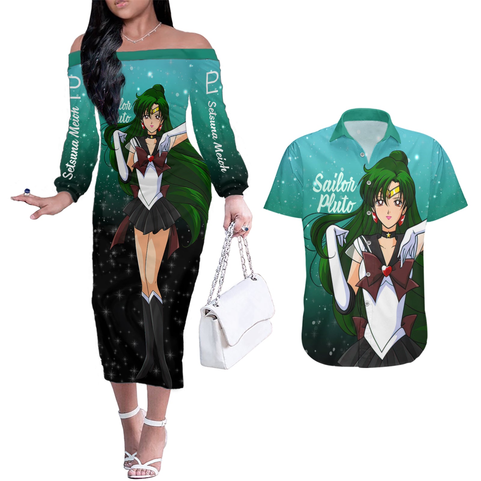 Sailor Pluto Setsuna Meioh Couples Matching Off The Shoulder Long Sleeve Dress and Hawaiian Shirt Sailor Moon