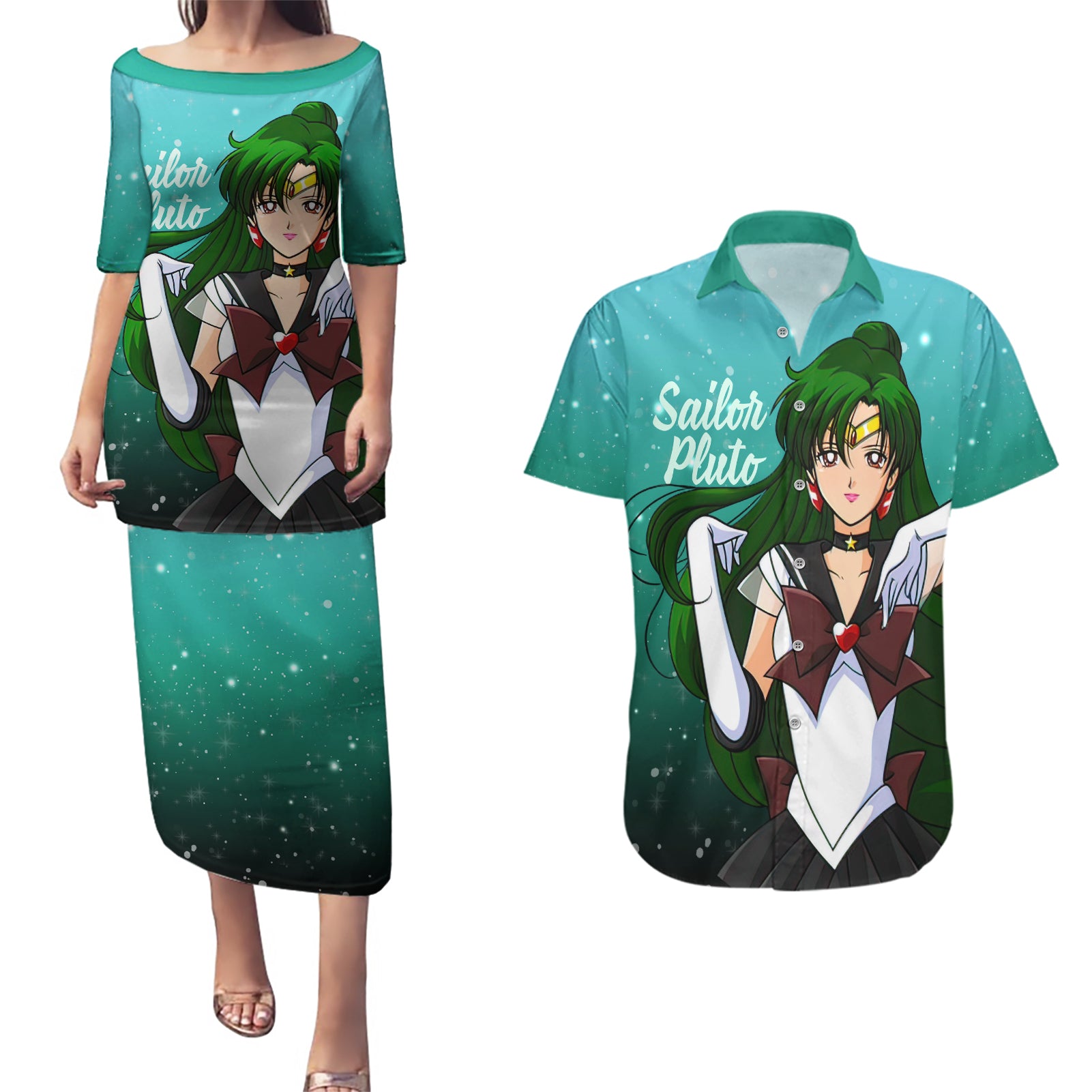 Sailor Pluto Setsuna Meioh Couples Matching Puletasi and Hawaiian Shirt Sailor Moon