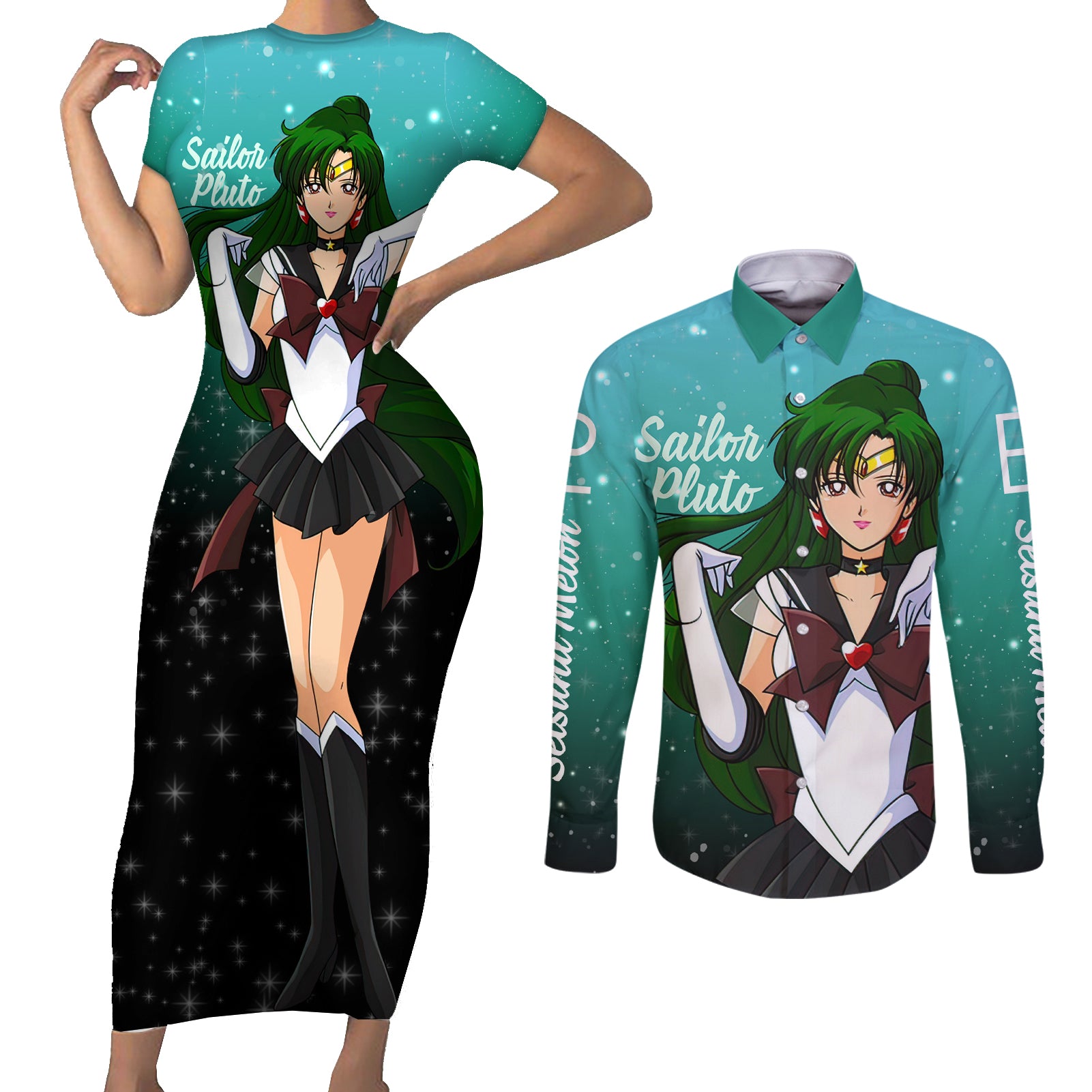 Sailor Pluto Setsuna Meioh Couples Matching Short Sleeve Bodycon Dress and Long Sleeve Button Shirt Sailor Moon