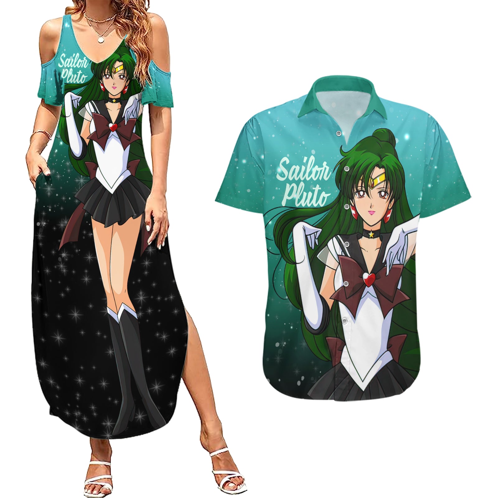 Sailor Pluto Setsuna Meioh Couples Matching Summer Maxi Dress and Hawaiian Shirt Sailor Moon